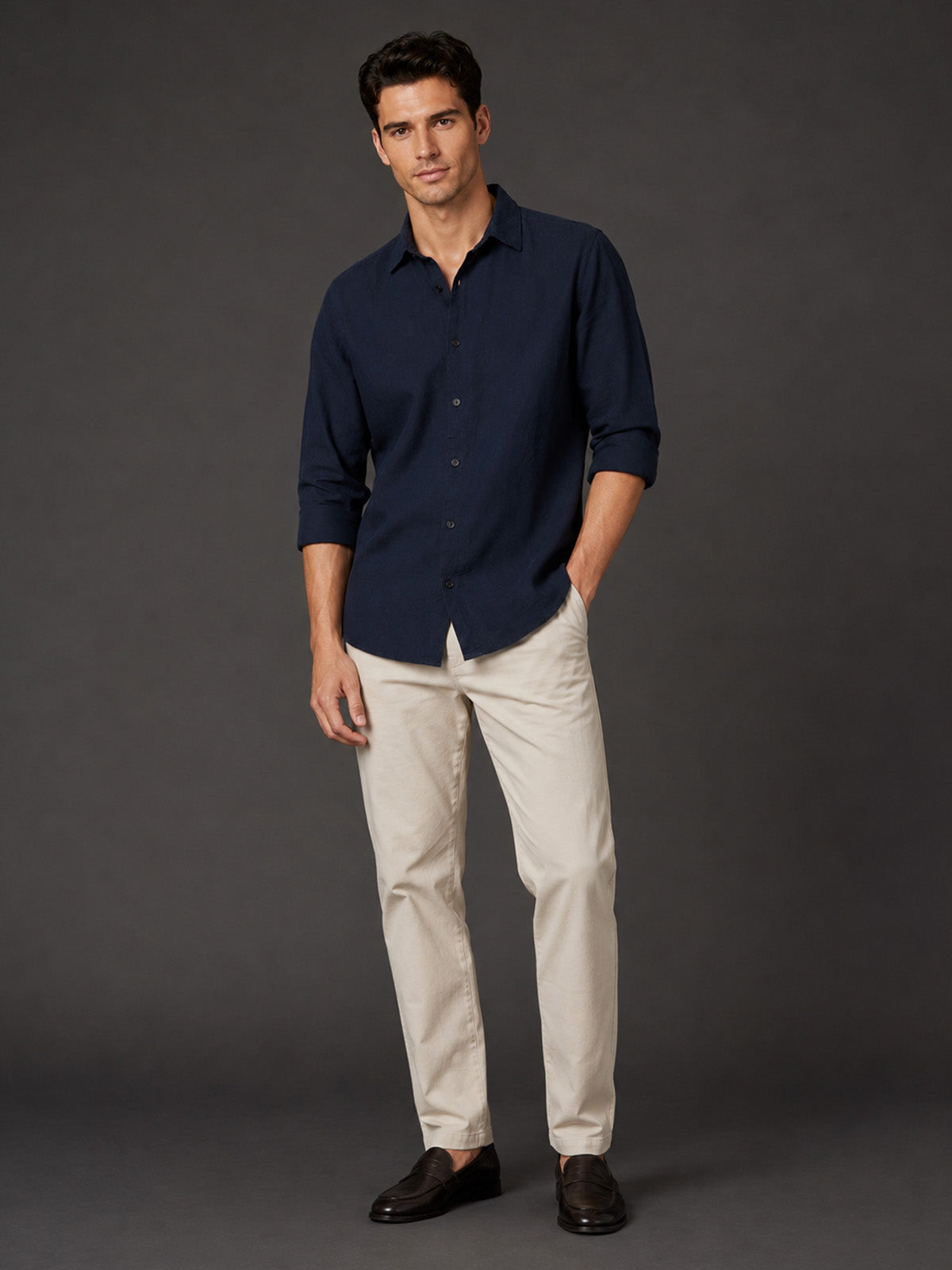 Franco Navy Blue Cotton Blend Plain Shirt For Men