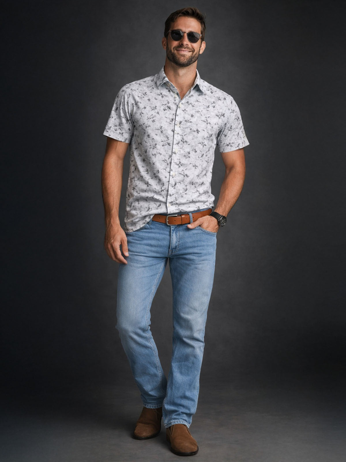 Franco Grey Cotton Blend Printed Shirt For Men