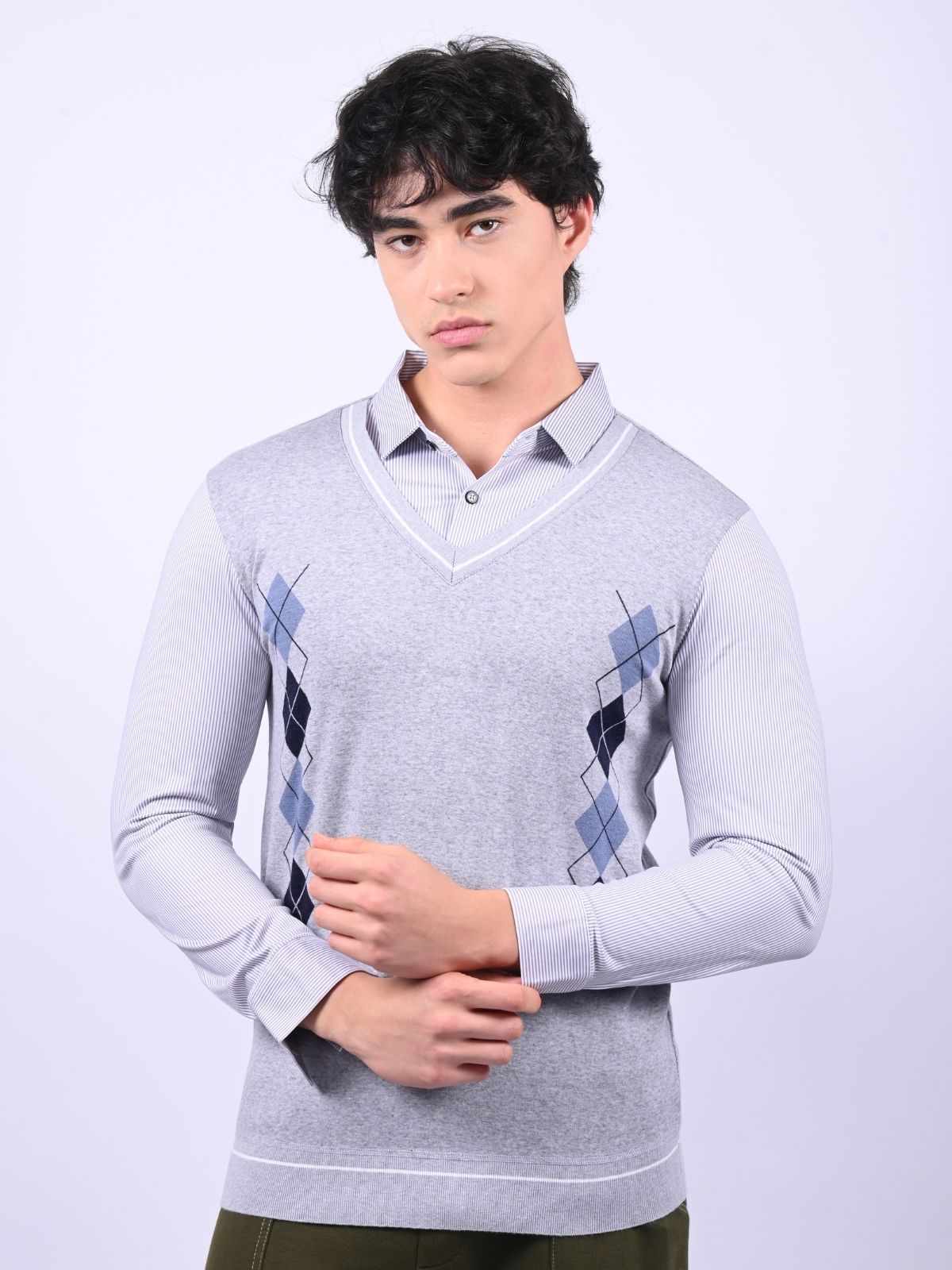Franco Grey Cotton Pique Printed Polo Shirt For Men