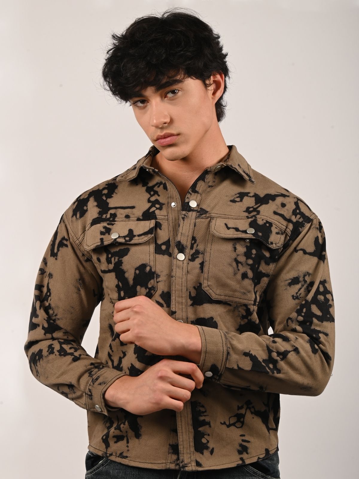 Franco Beige Denim Tie-Dye Shirts For Men