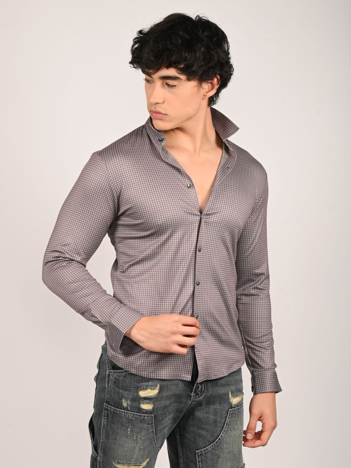 Franco Brown Polyster Lycra Checked Shirts For Men