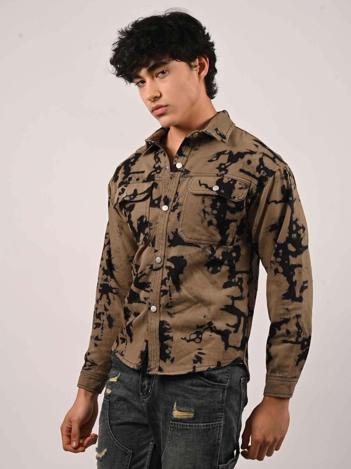 Franco Beige Denim Tie-Dye Shirts For Men