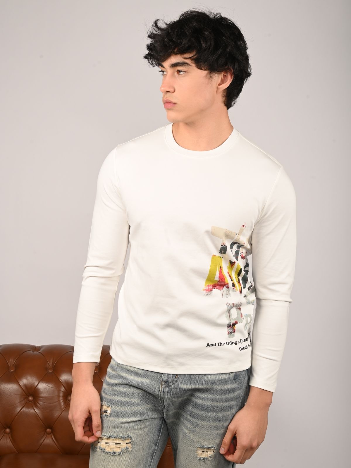 Franco White Cotton Jersey Printed T-Shirt For Men