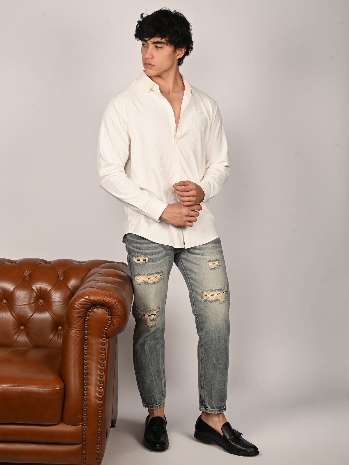 Franco White Polyster Lycra Solid Shirts For Men