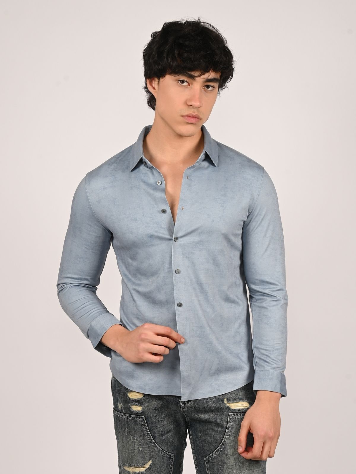 Franco Pastel Blue Cotton Knit And Polyster Solid Shirts For Men