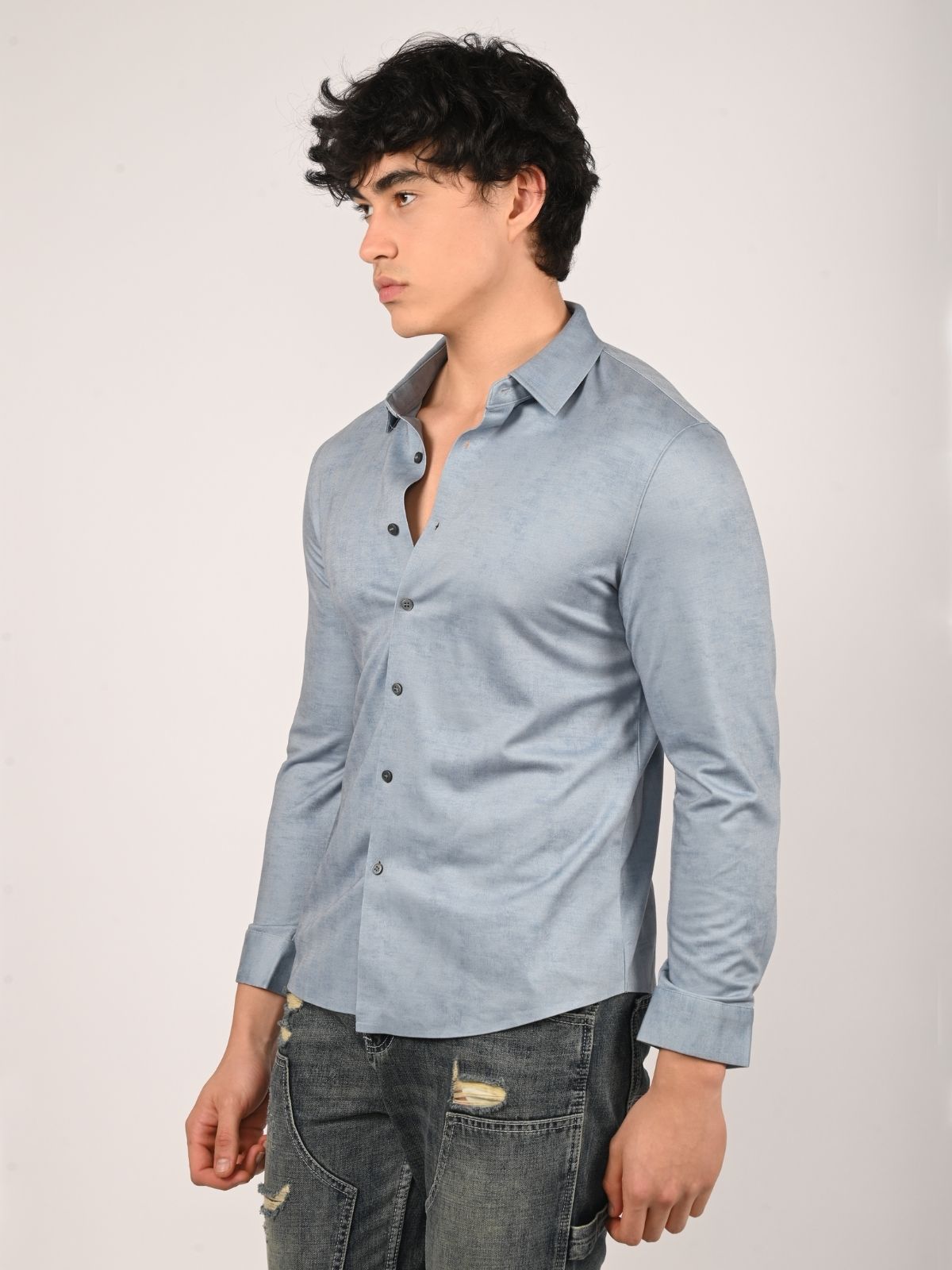 Franco Pastel Blue Cotton Knit And Polyster Solid Shirts For Men