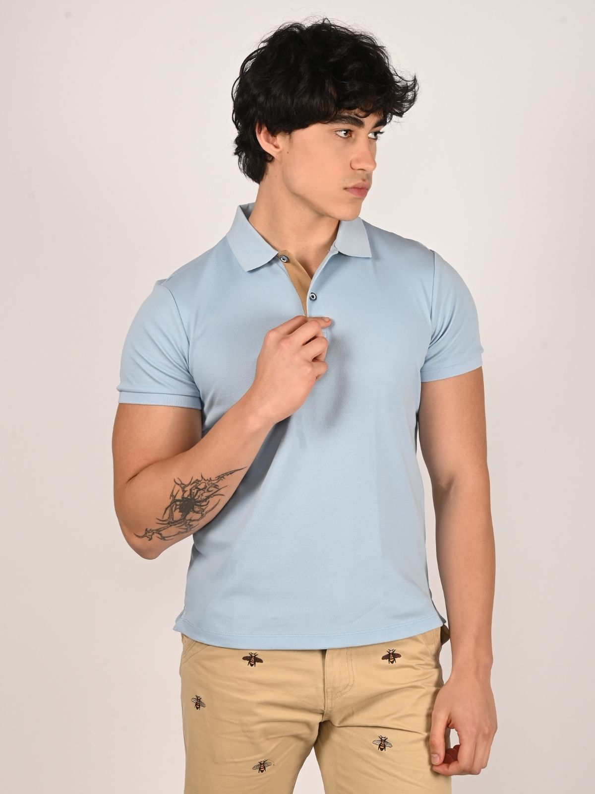 Franco Sky Blue Cotton Pique Solid T-Shirt For Men