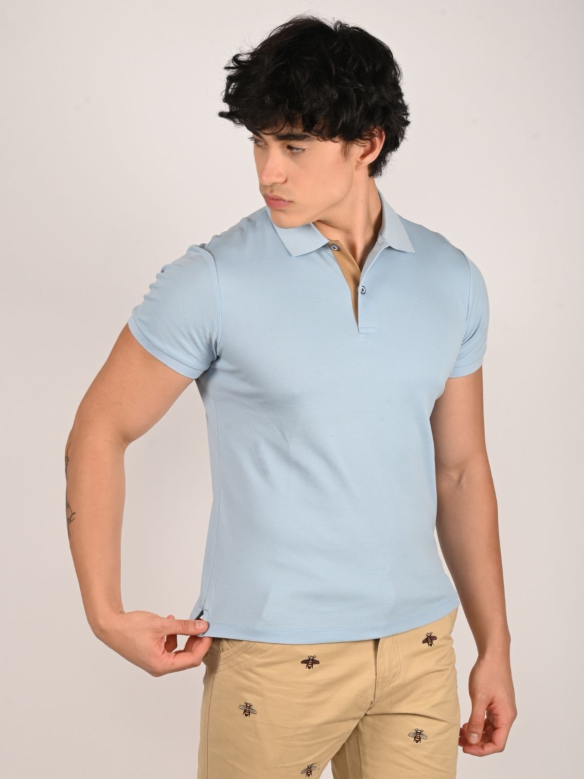 Franco Sky Blue Cotton Pique Solid T-Shirt For Men
