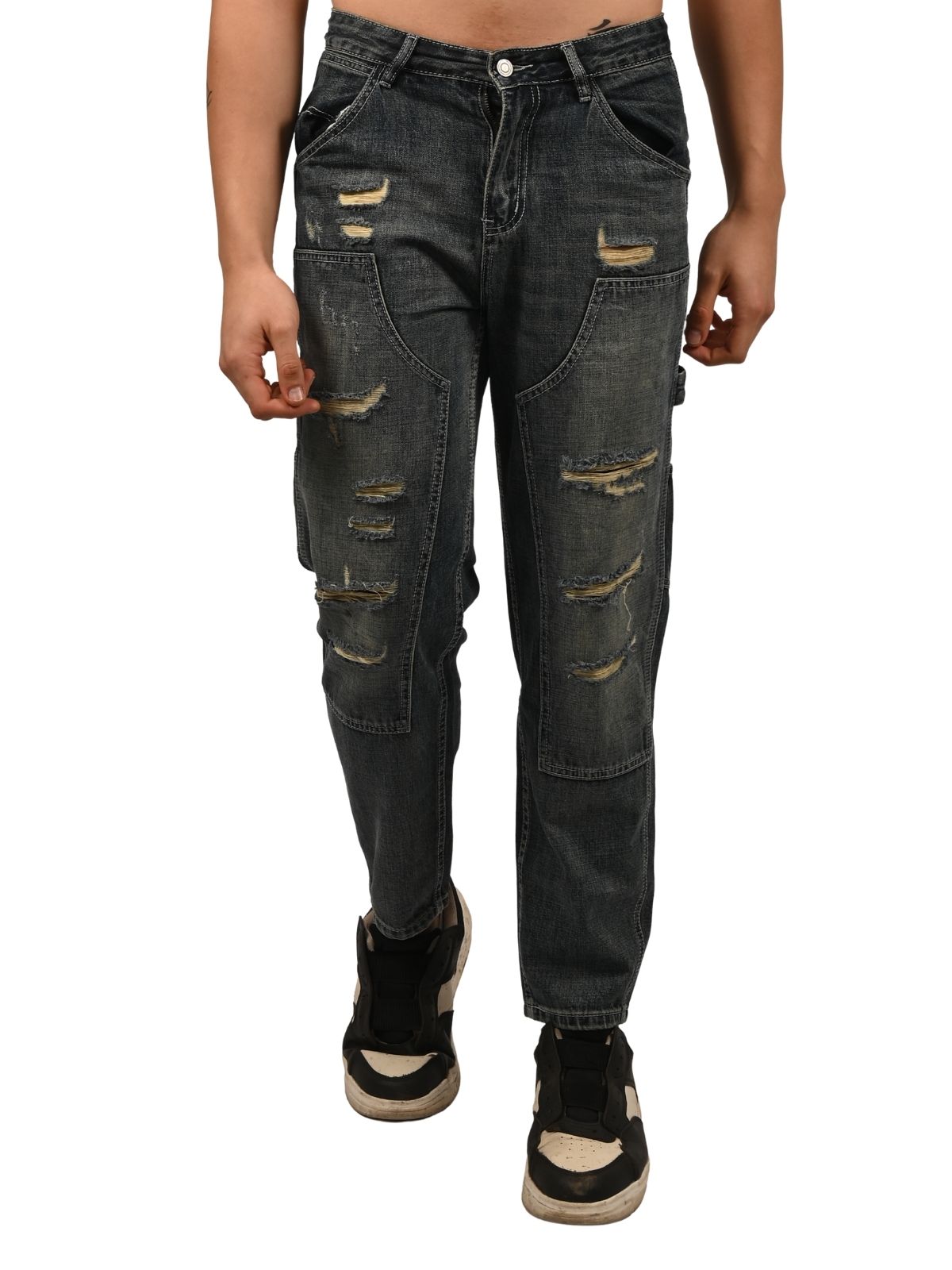 Franco Blue Denim Solid Ripped And Faded Trouser For Men