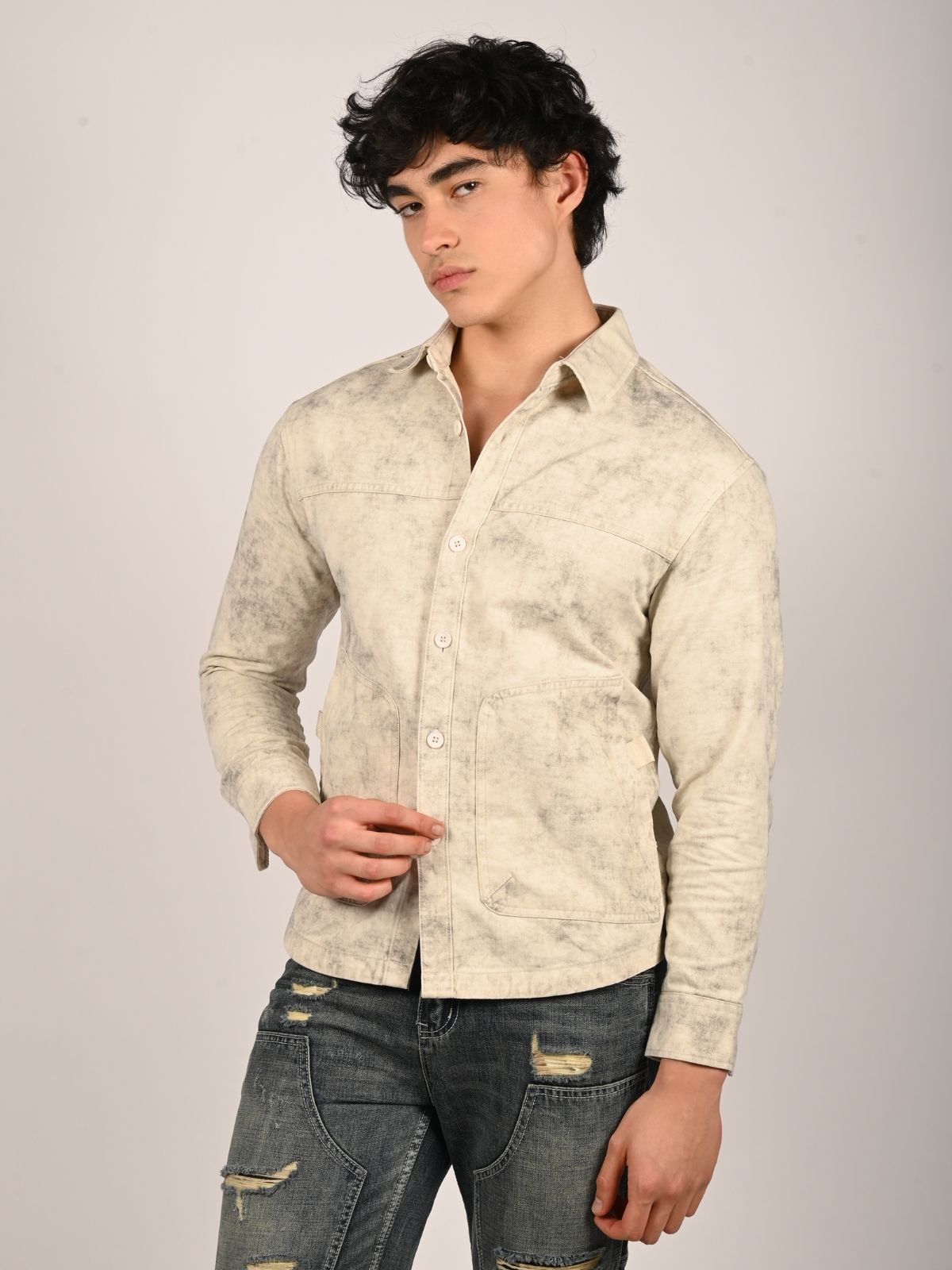 Franco Beige Denim Tie-Dye Shirts For Men