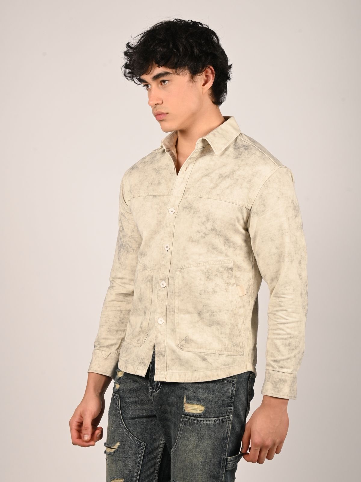 Franco Beige Denim Tie-Dye Shirts For Men