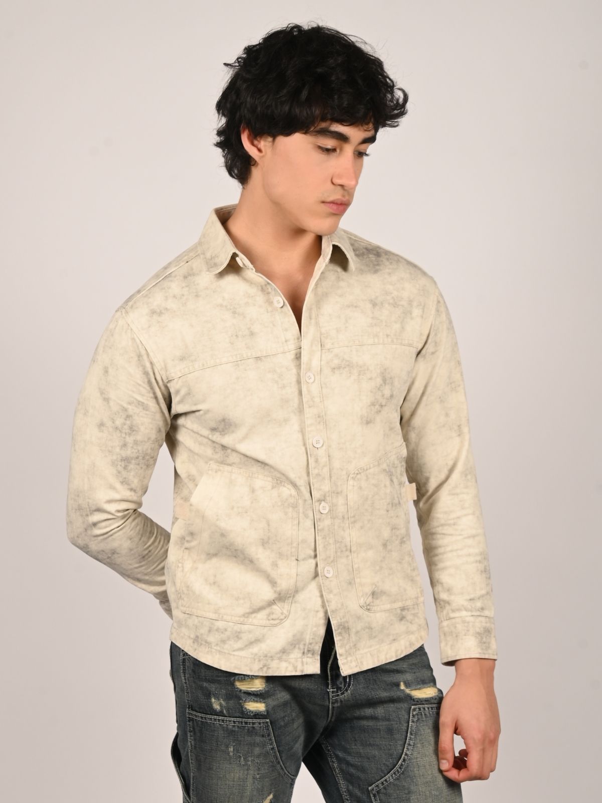 Franco Beige Denim Tie-Dye Shirts For Men