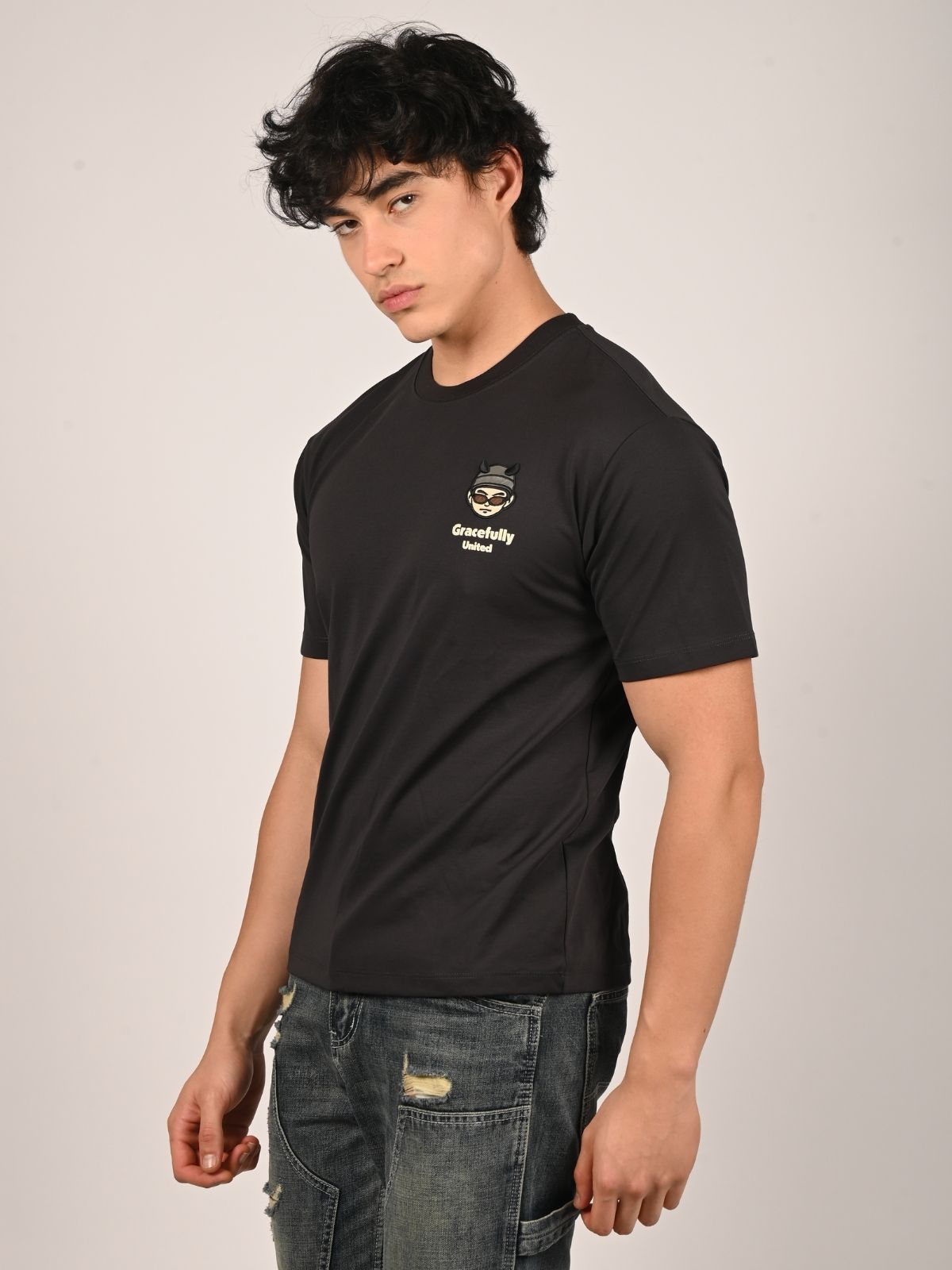 Franco Black Cotton Jersey Printed T-Shirt For Men