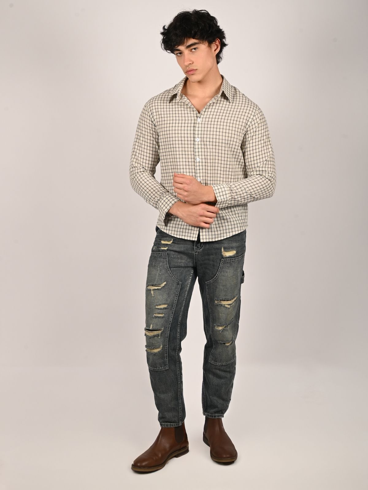 Franco White And Black Polyster Checked Shirts For Men