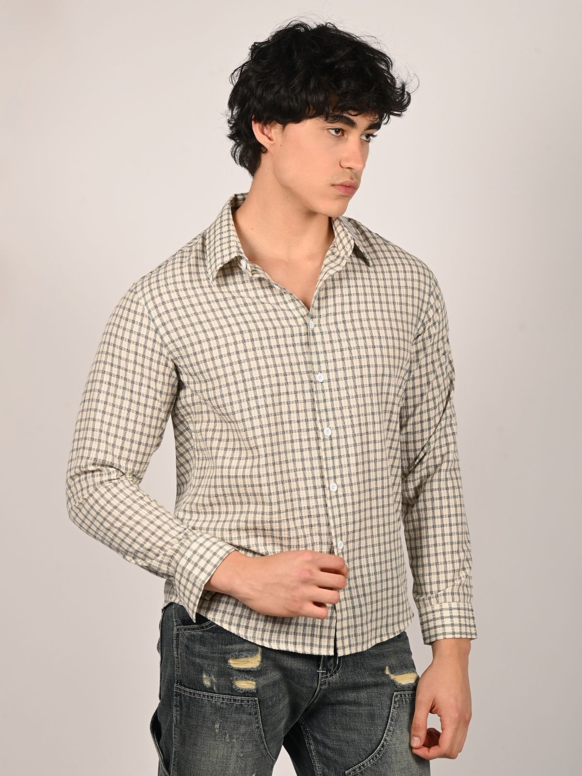 Franco White And Black Polyster Checked Shirts For Men