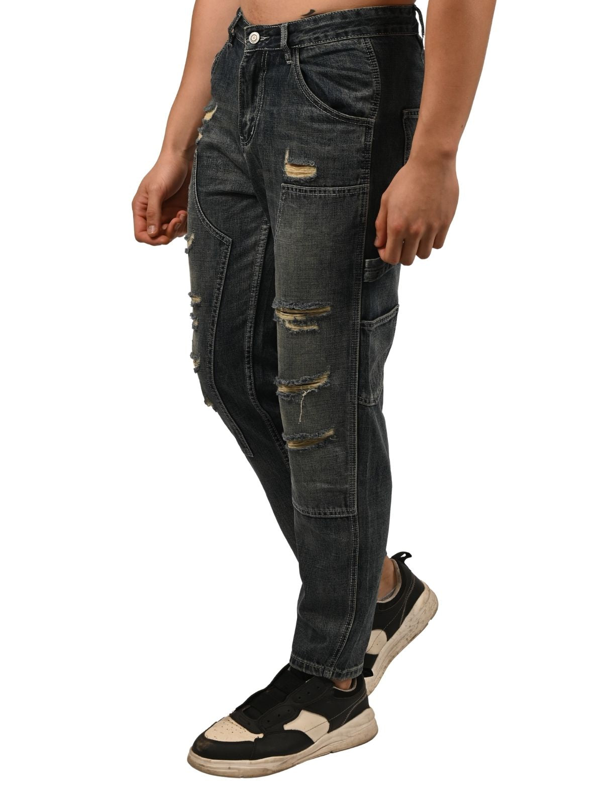Franco Blue Denim Solid Ripped And Faded Trouser For Men