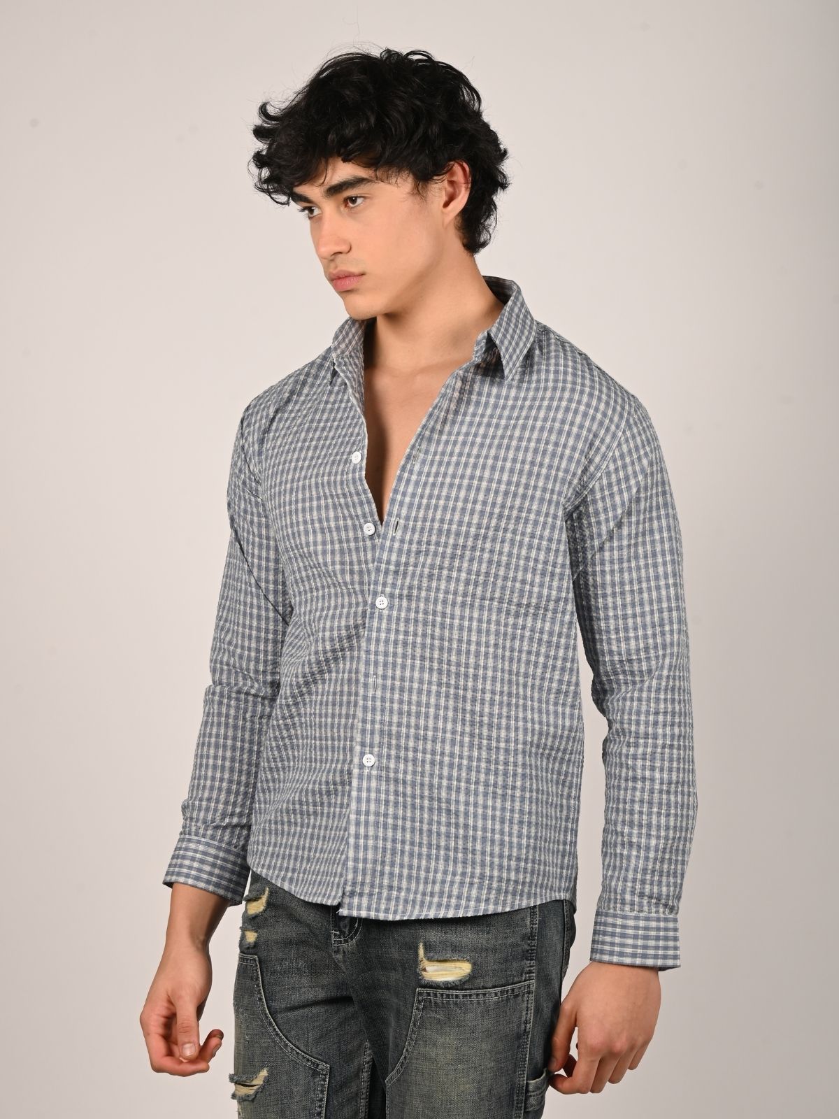 Franco Pastel Blue Polyster Checked Shirts For Men