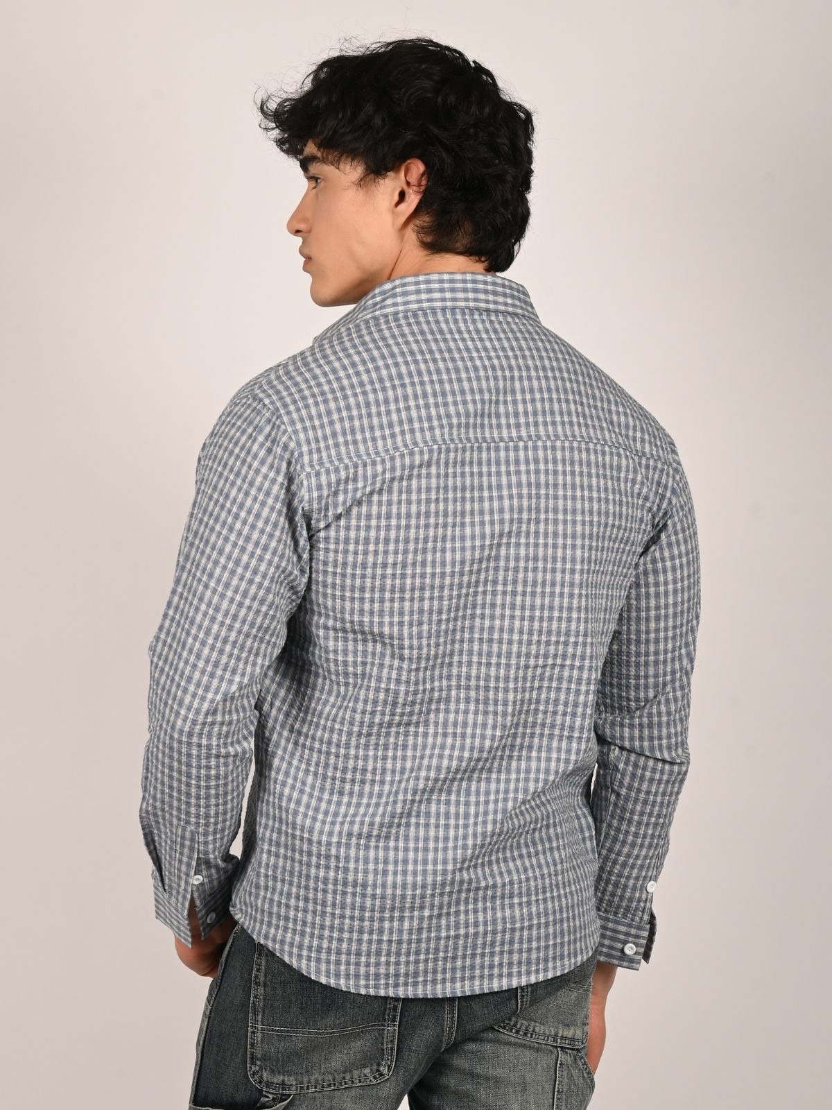 Franco Pastel Blue Polyster Checked Shirts For Men
