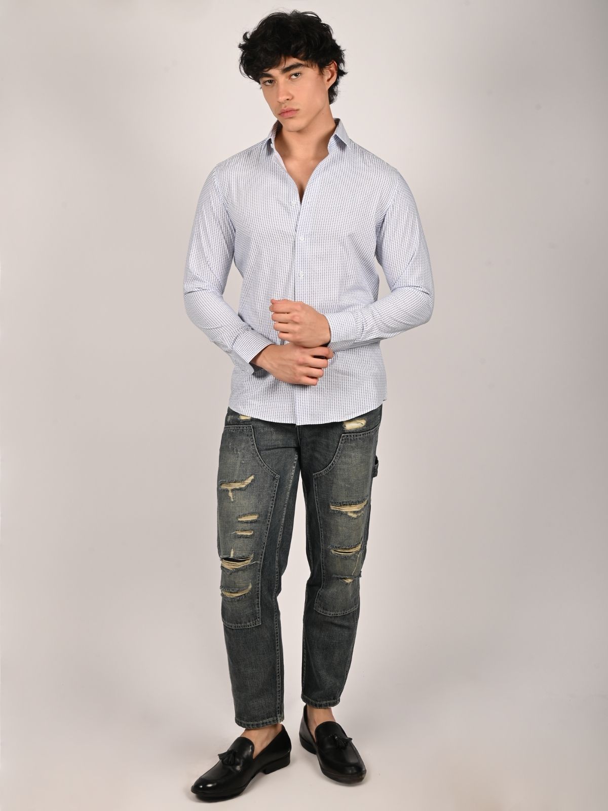 Franco White Lycra Printed Shirts For Men