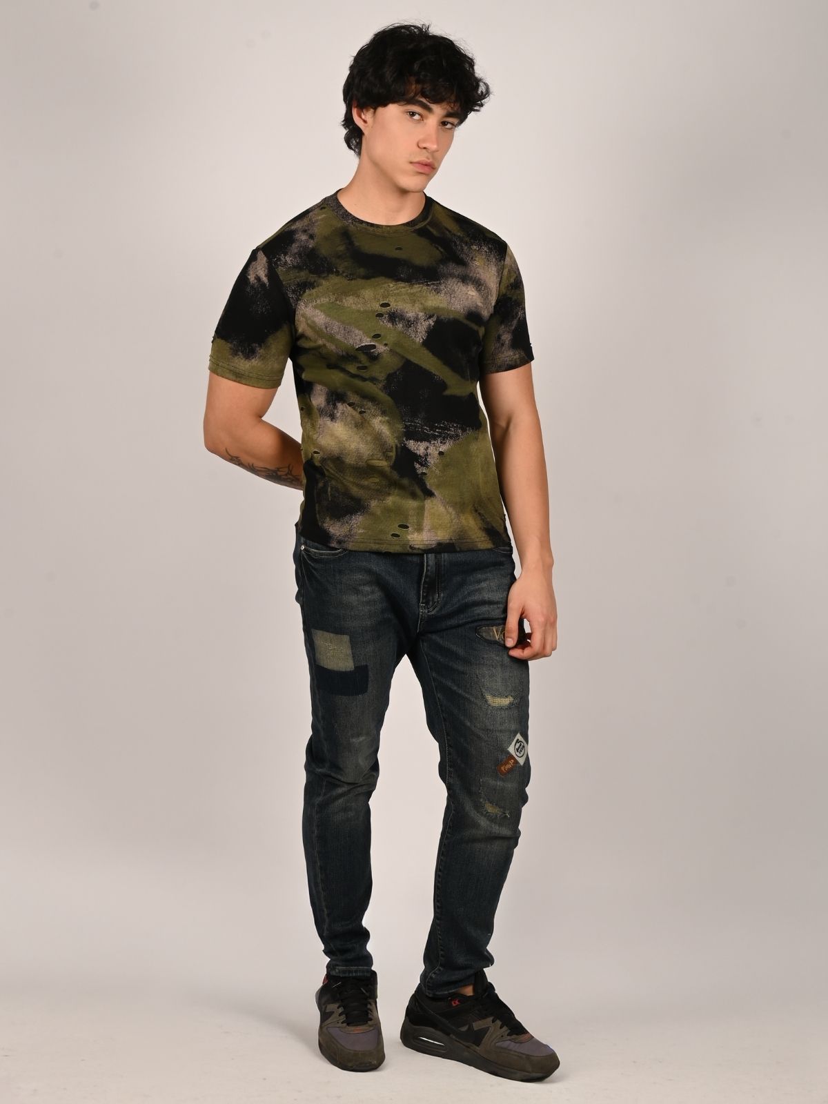 Franco Black And Olive Polyester Lycra Printed T-Shirt For Men