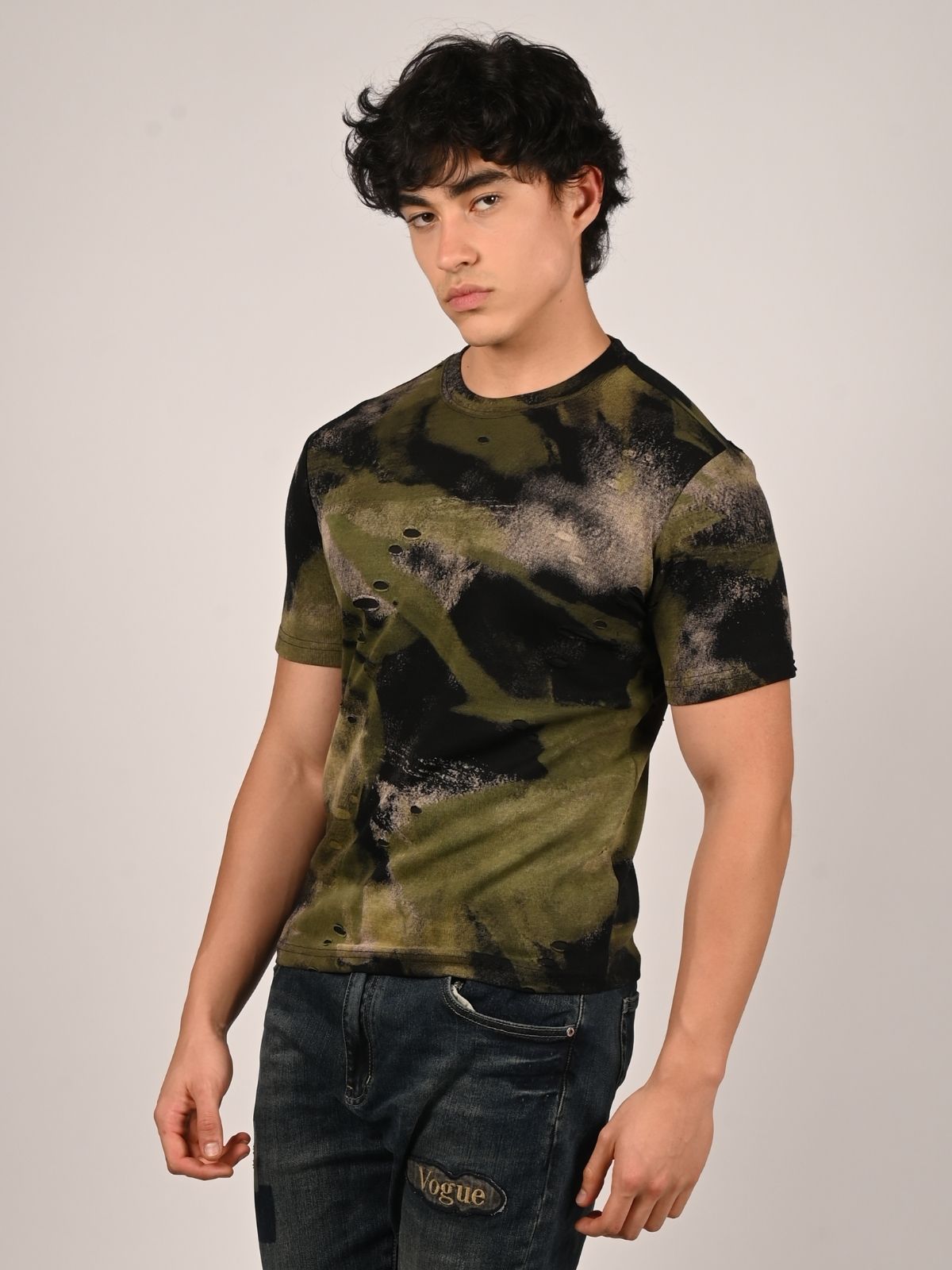 Franco Black And Olive Polyester Lycra Printed T-Shirt For Men