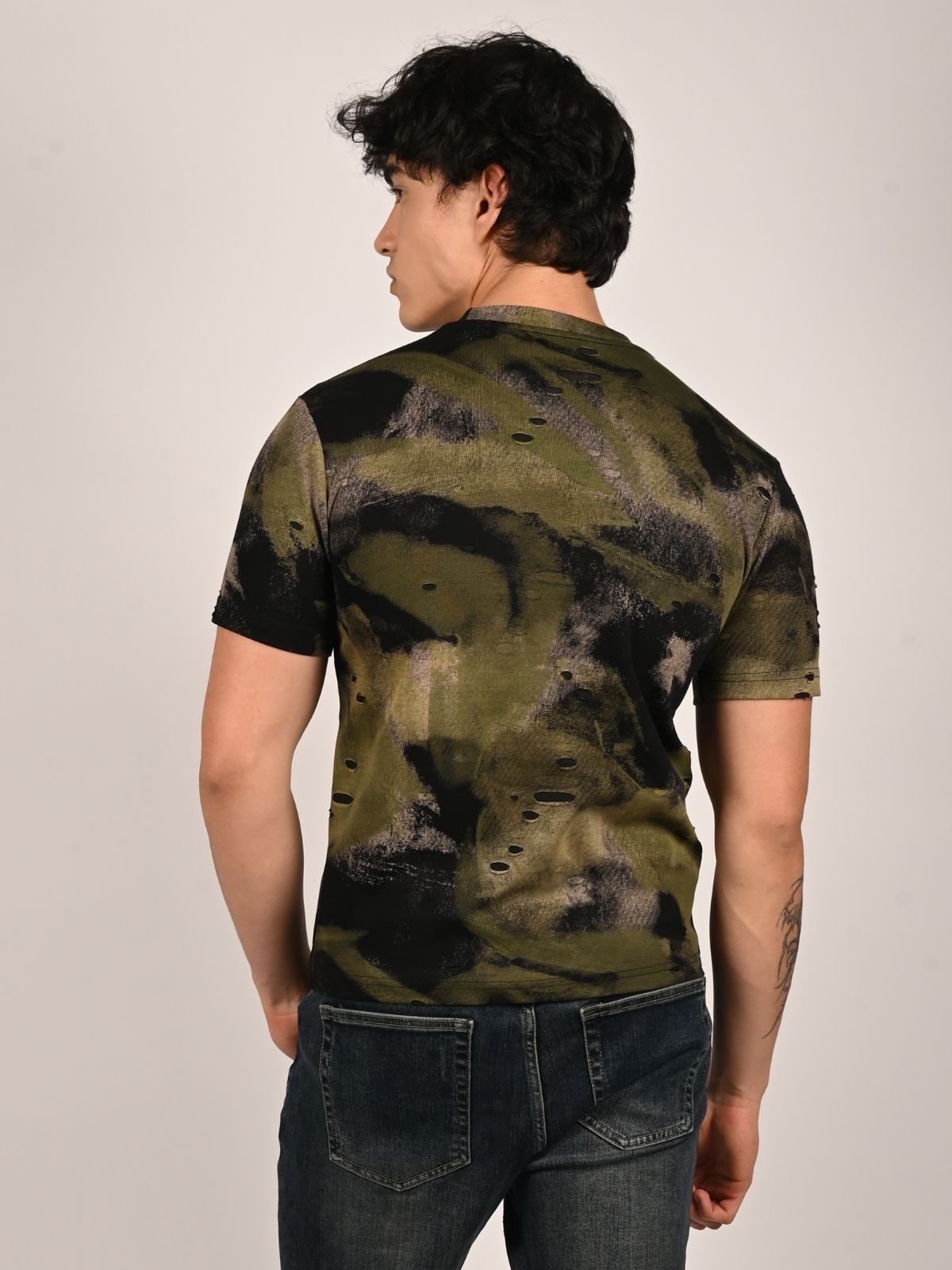 Franco Black And Olive Polyester Lycra Printed T-Shirt For Men