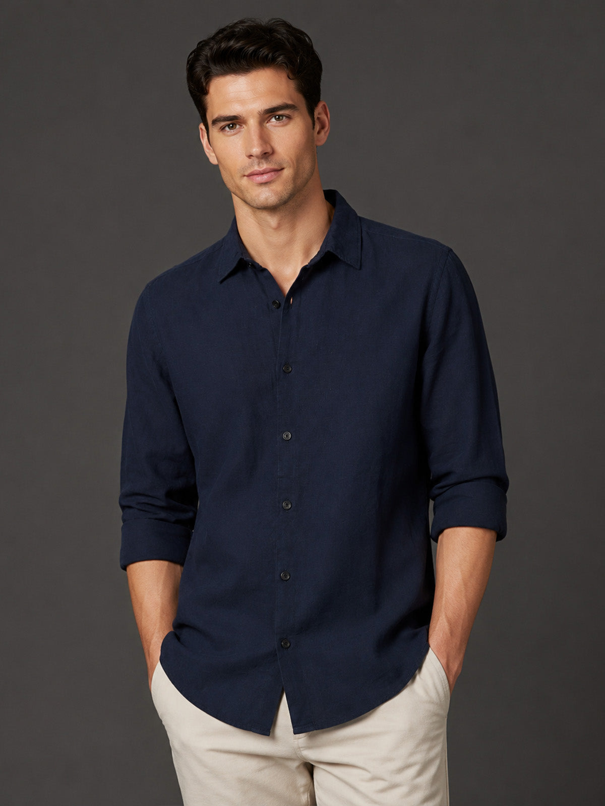Franco Navy Blue Cotton Blend Plain Shirt For Men