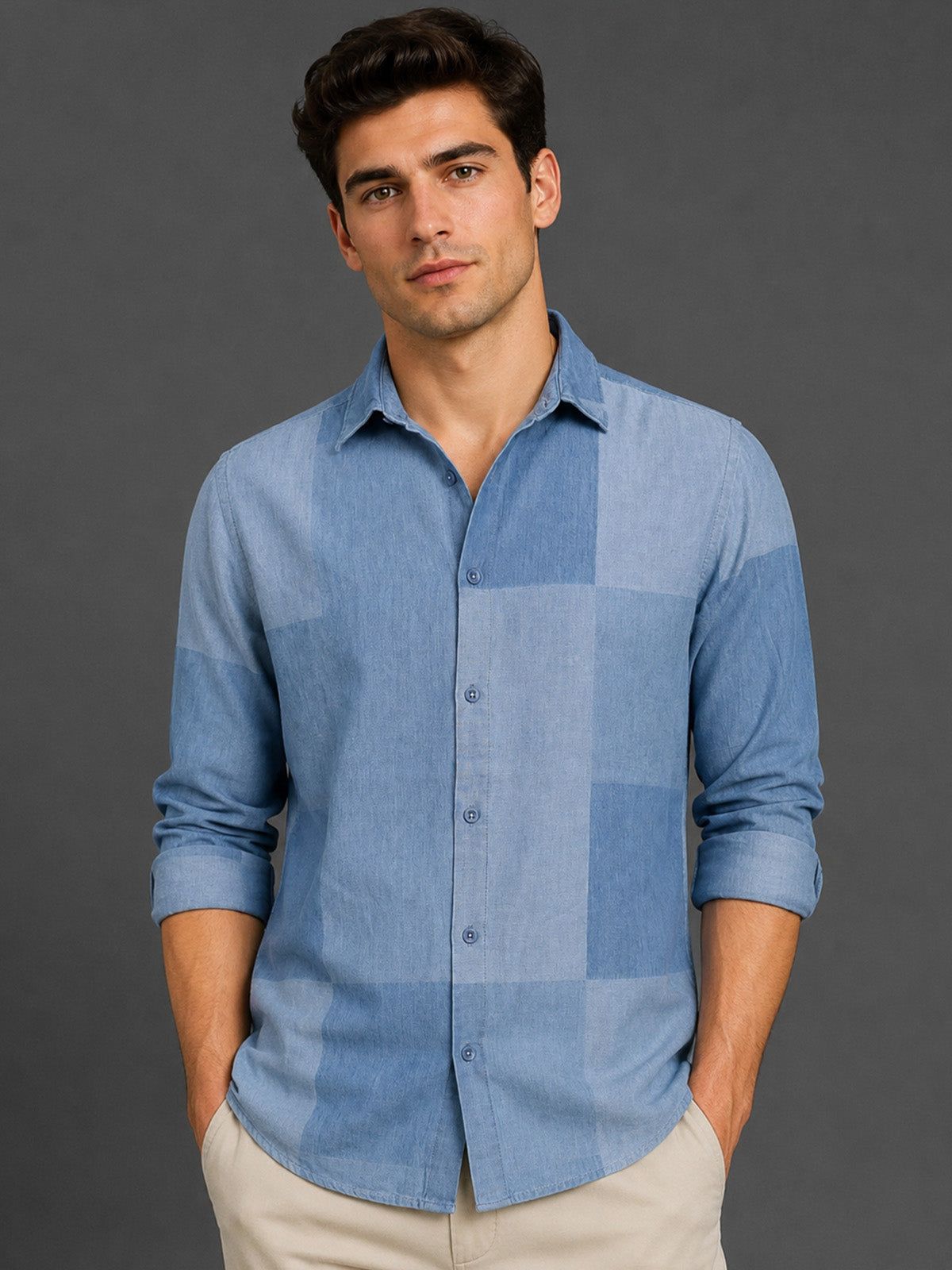 Franco Blue Cotton Blend Plain Shirt For Men