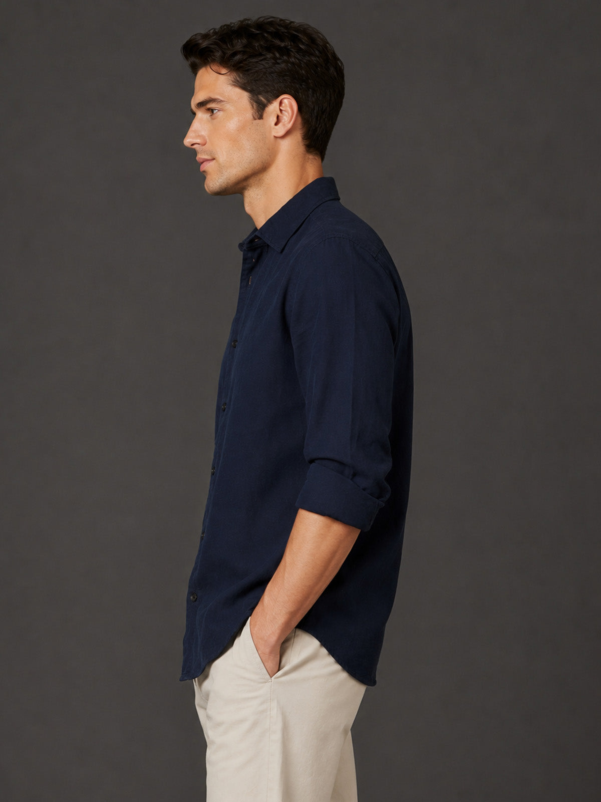 Franco Navy Blue Cotton Blend Plain Shirt For Men