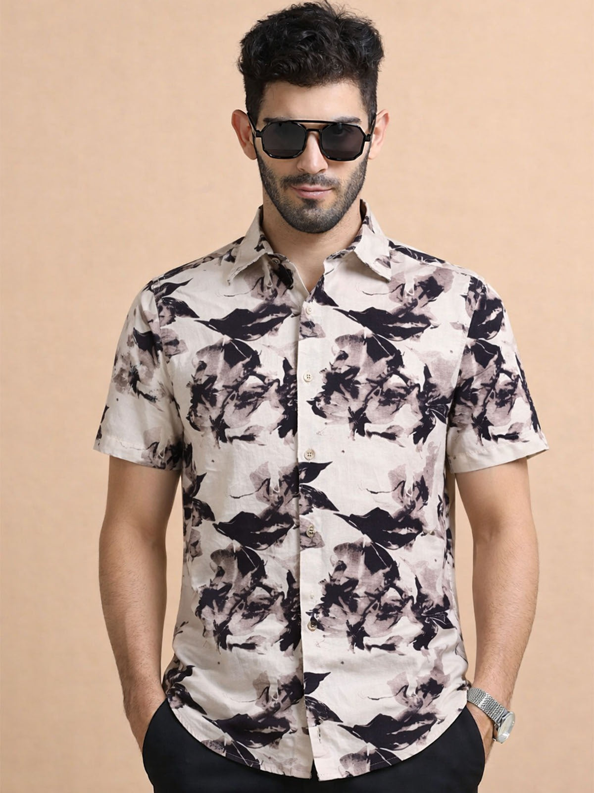 Franco Off White And Black Cotton Blend Printed Shirt For Men