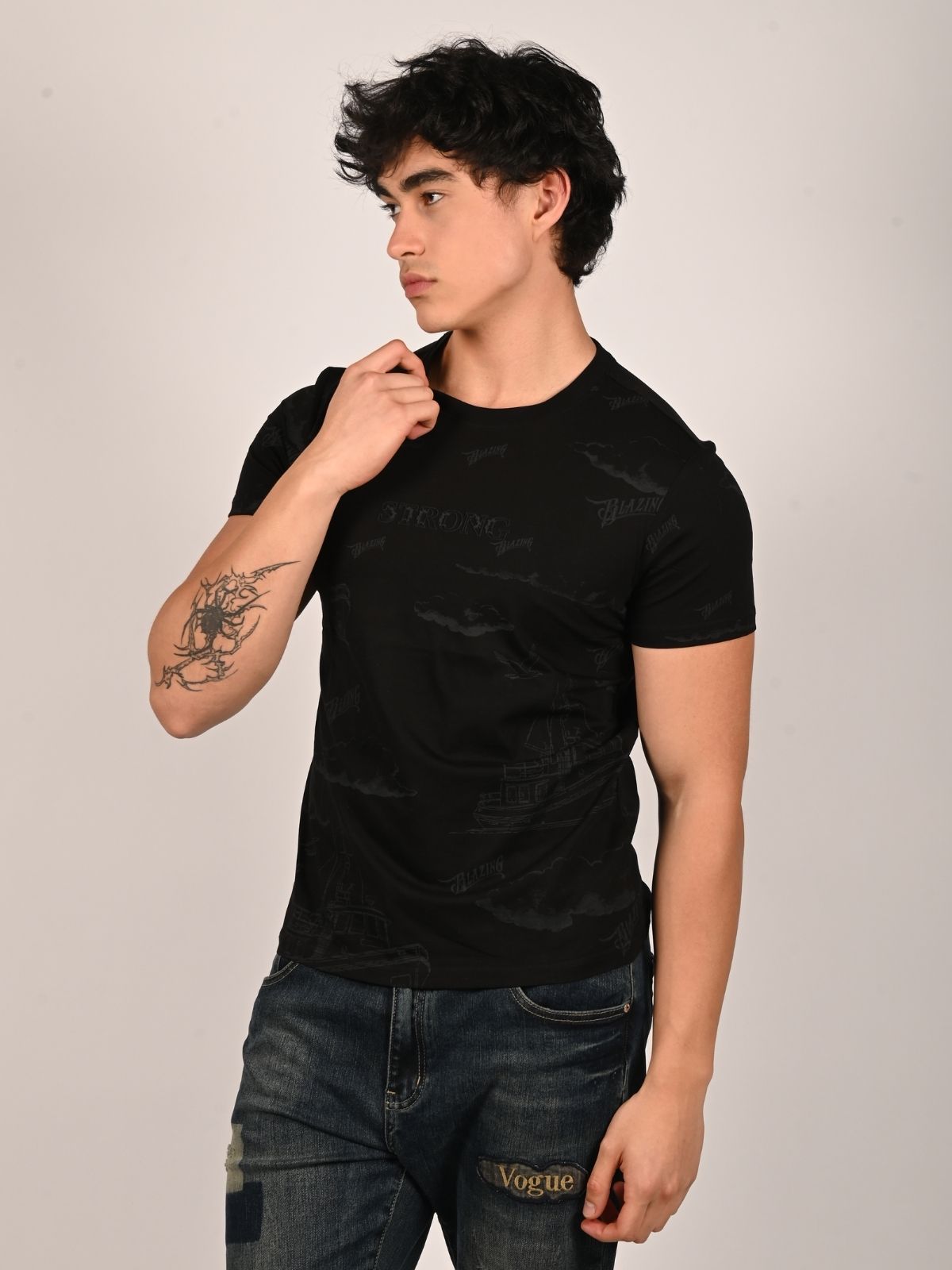 Franco Black Cotton Jersey Printed T-Shirt For Men
