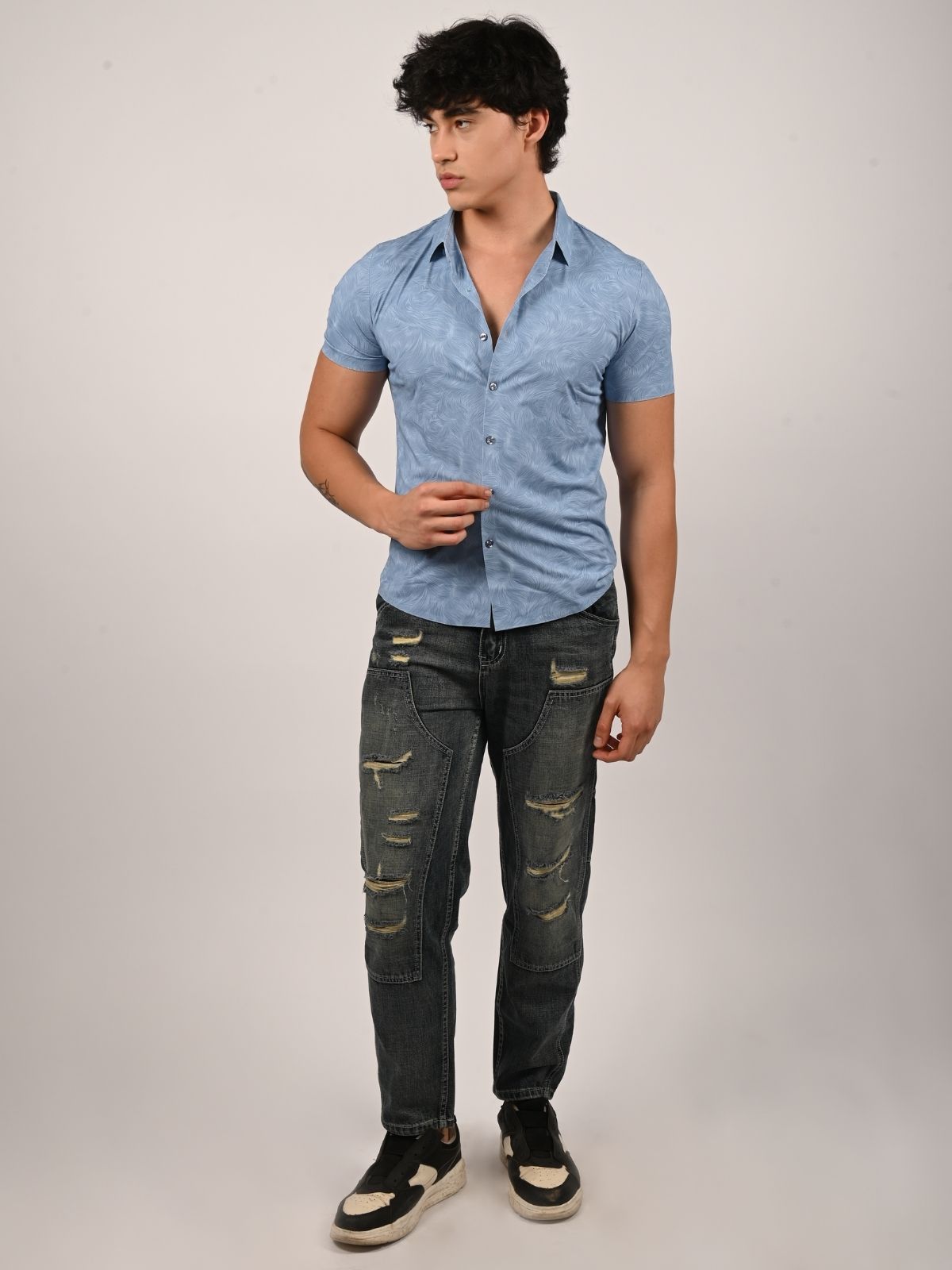 Franco Light Blue Lycra Printed Shirts For Men