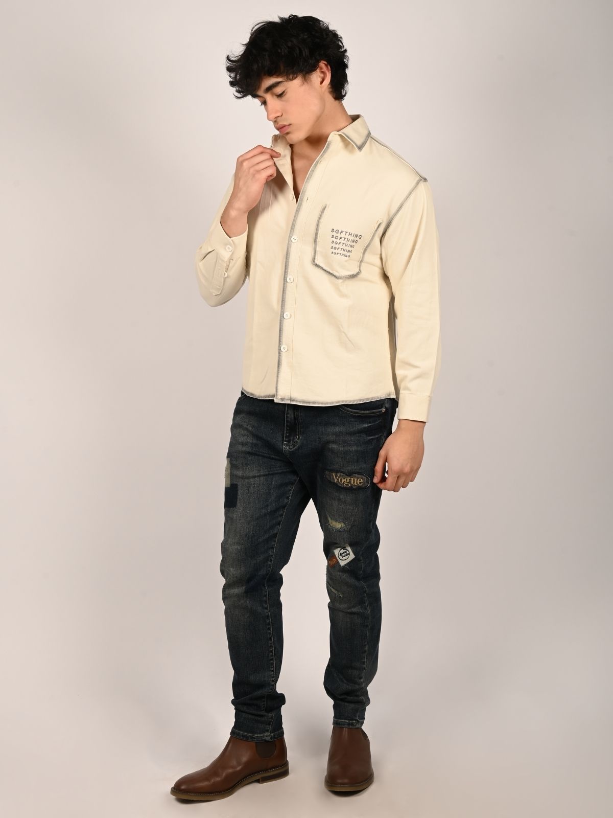 Franco Off White Denim Solid Shirts For Men
