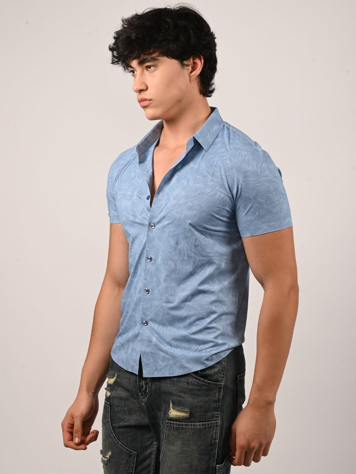 Franco Light Blue Lycra Printed Shirts For Men