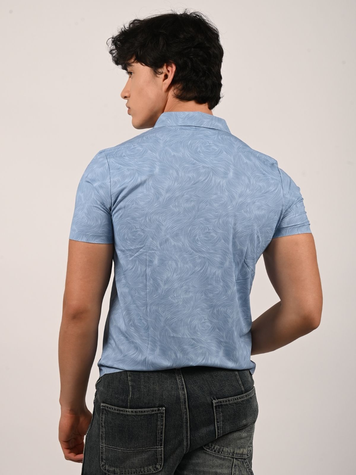 Franco Light Blue Lycra Printed Shirts For Men