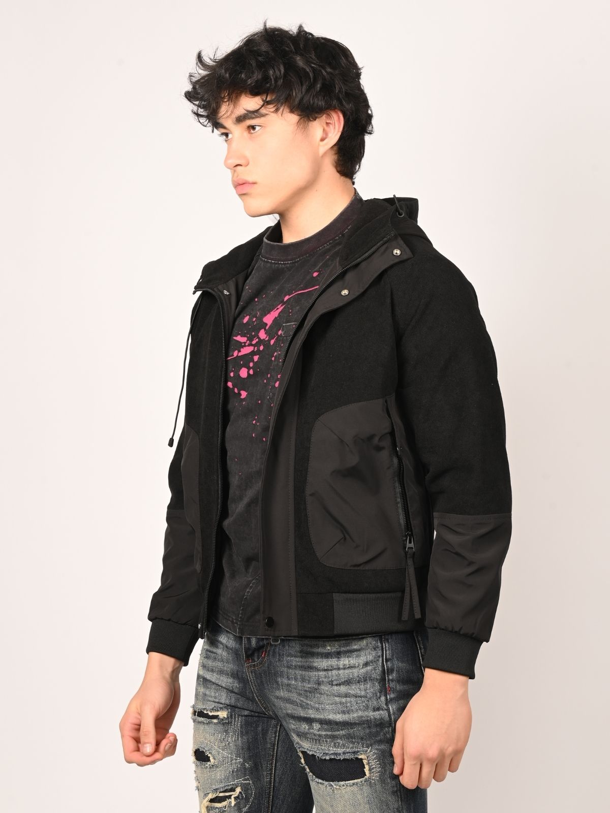 Franco Black Polyster chambray Solid Jackets For Men
