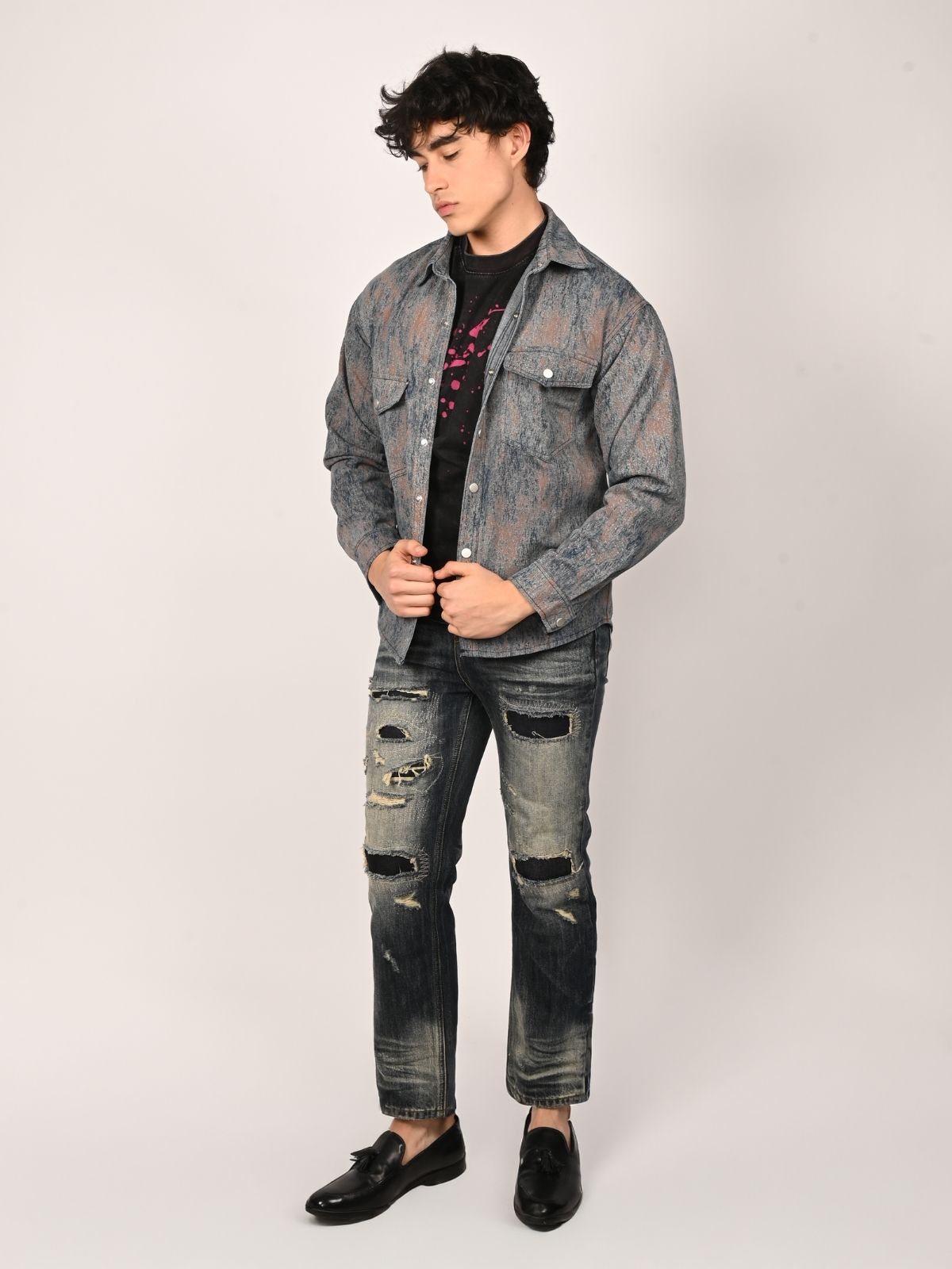 Franco Blue Denim Tie-Dye Shirts For Men