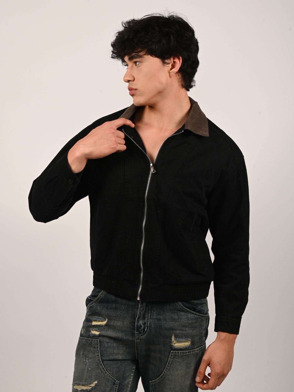 Franco Black Cotton Twill Solid Jacket For Men