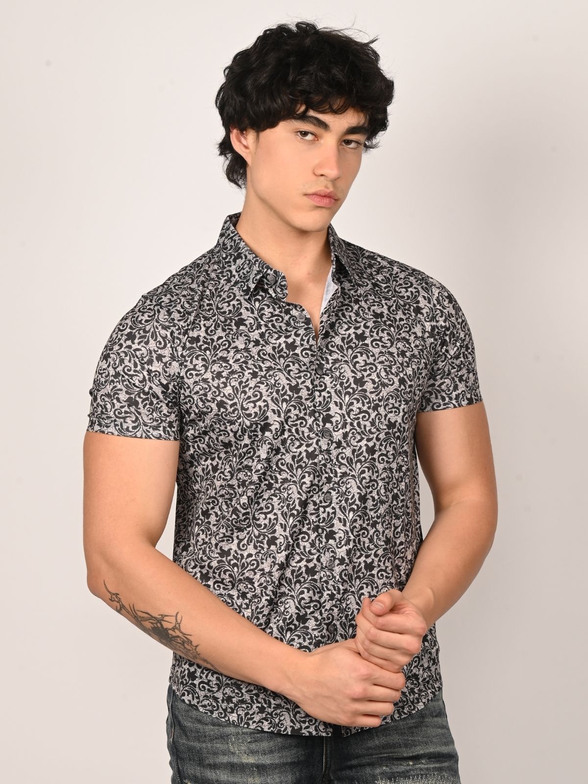 Franco Cream And Black Lycra Printed Shirts For Men