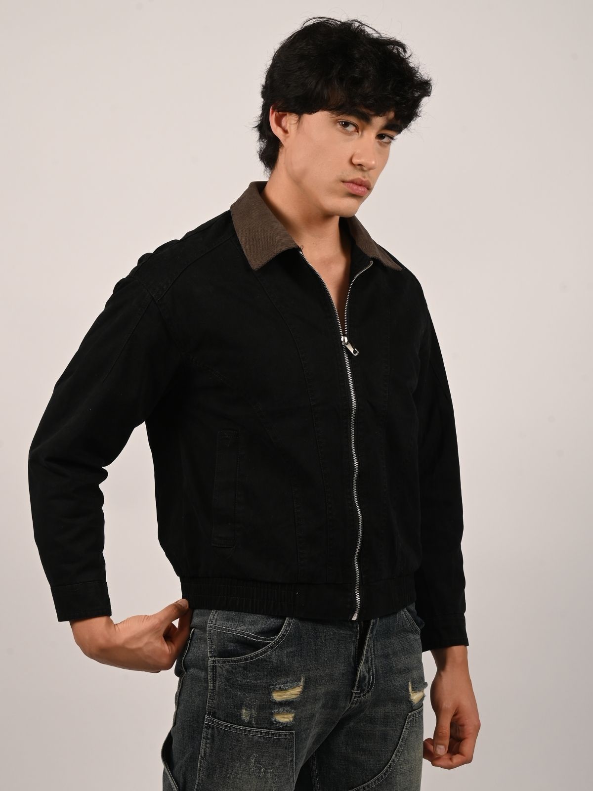 Franco Black Cotton Twill Solid Jacket For Men