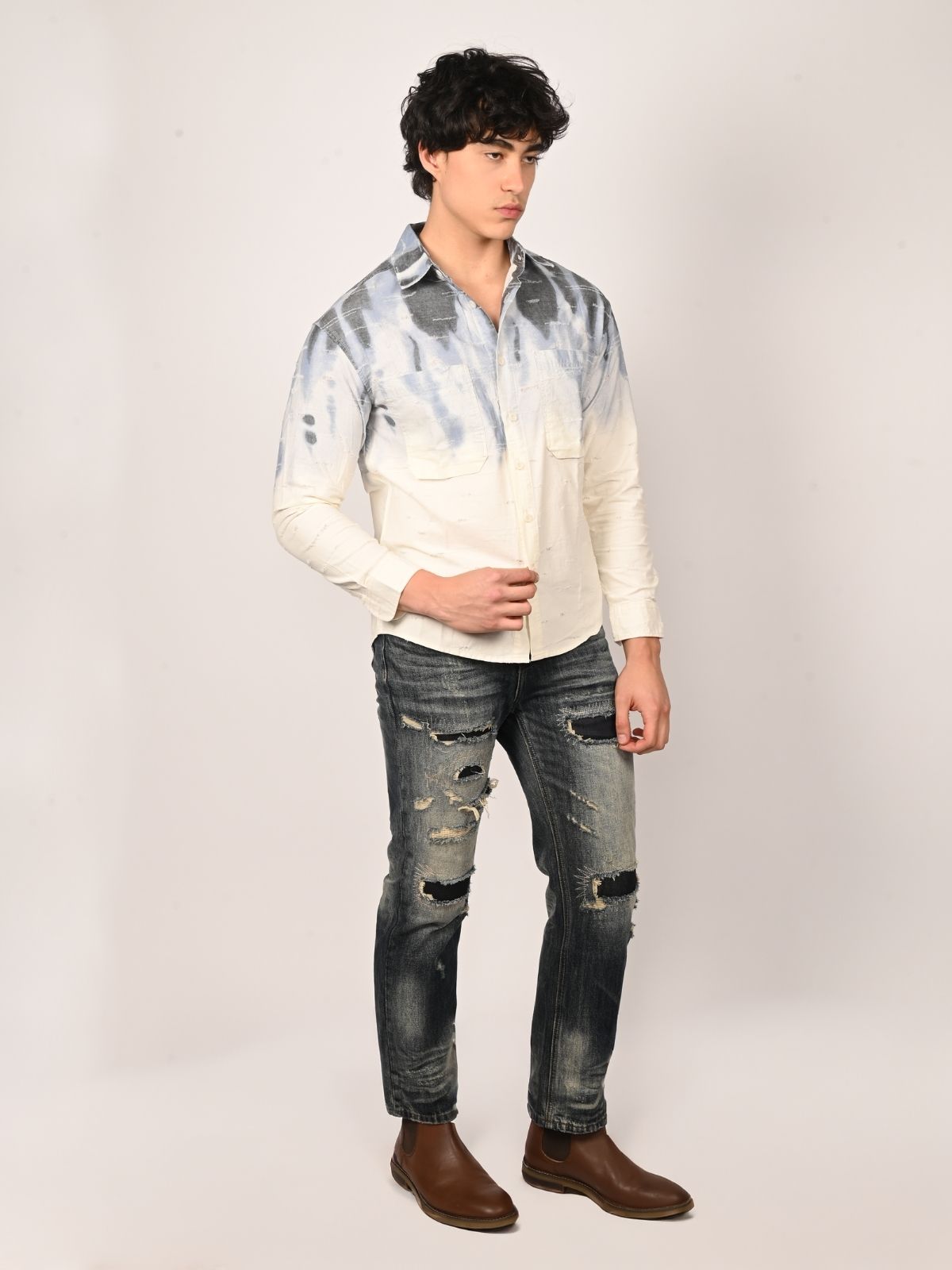 Franco White And Blue Cotton Dobby Tie-Dye Shirts For Men