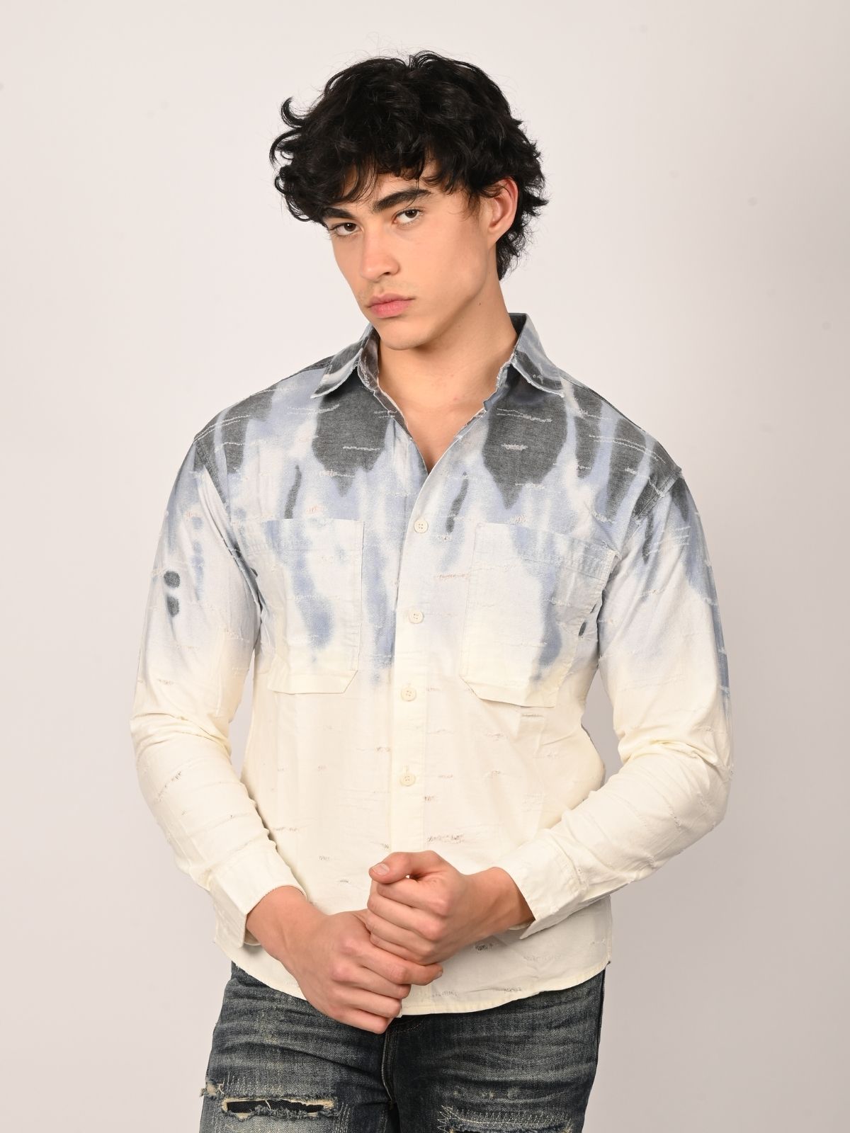 Franco White And Blue Cotton Dobby Tie-Dye Shirts For Men