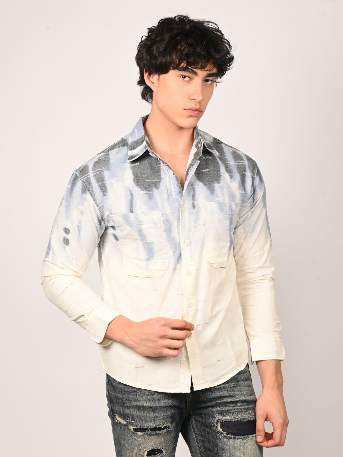 Franco White And Blue Cotton Dobby Tie-Dye Shirts For Men