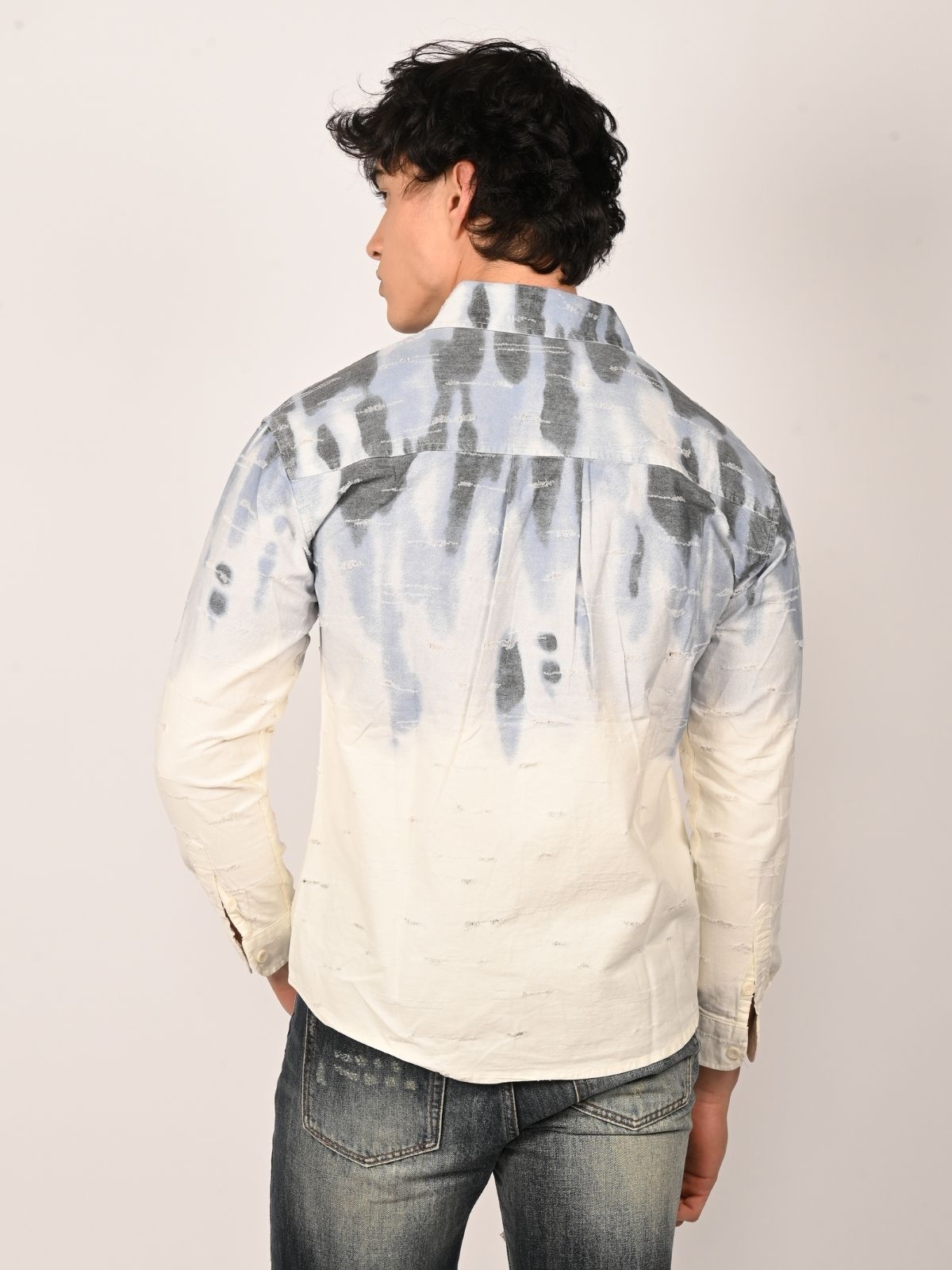Franco White And Blue Cotton Dobby Tie-Dye Shirts For Men