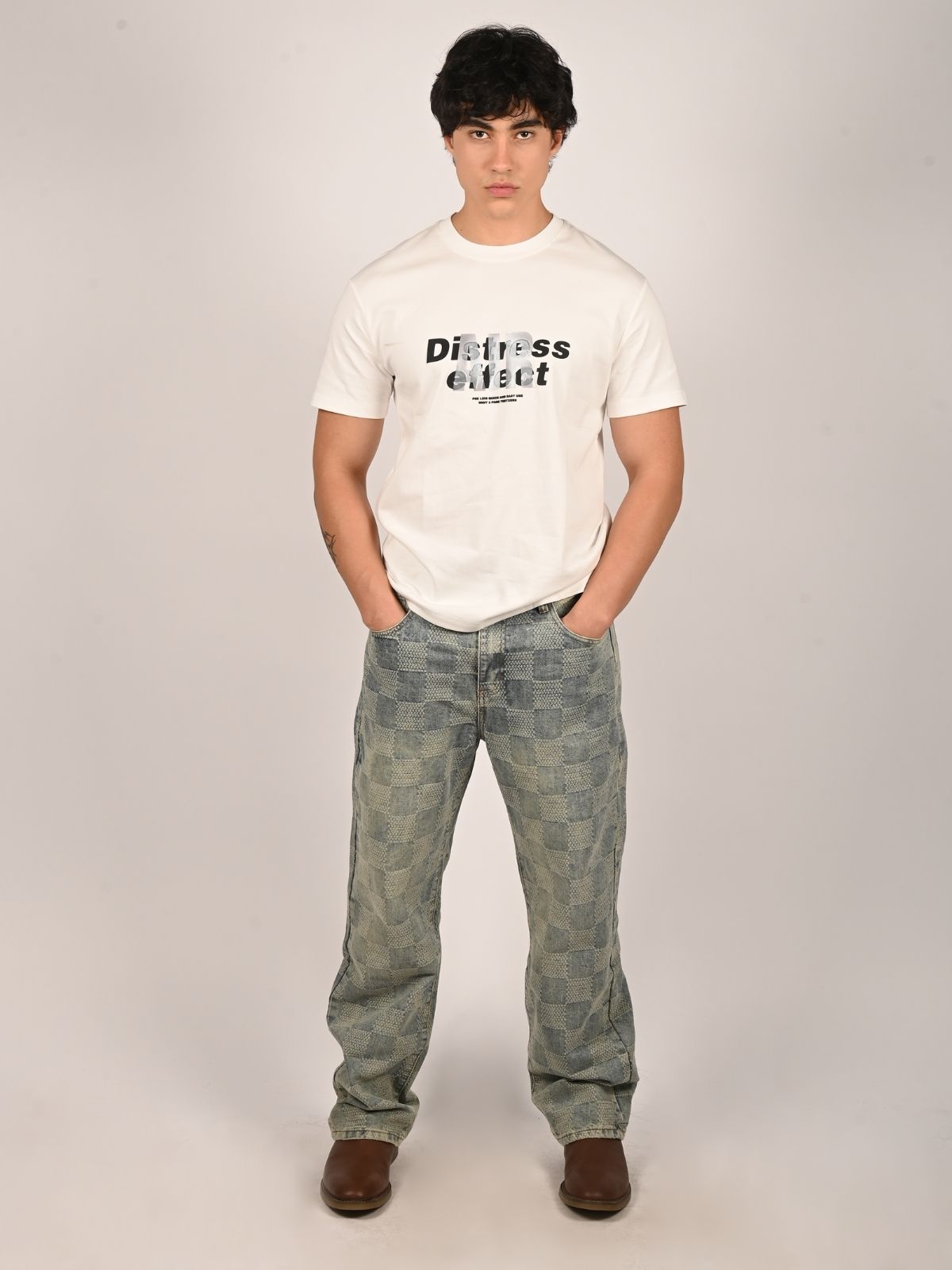 Franco Light Blue Denim Solid Checked Trouser For Men