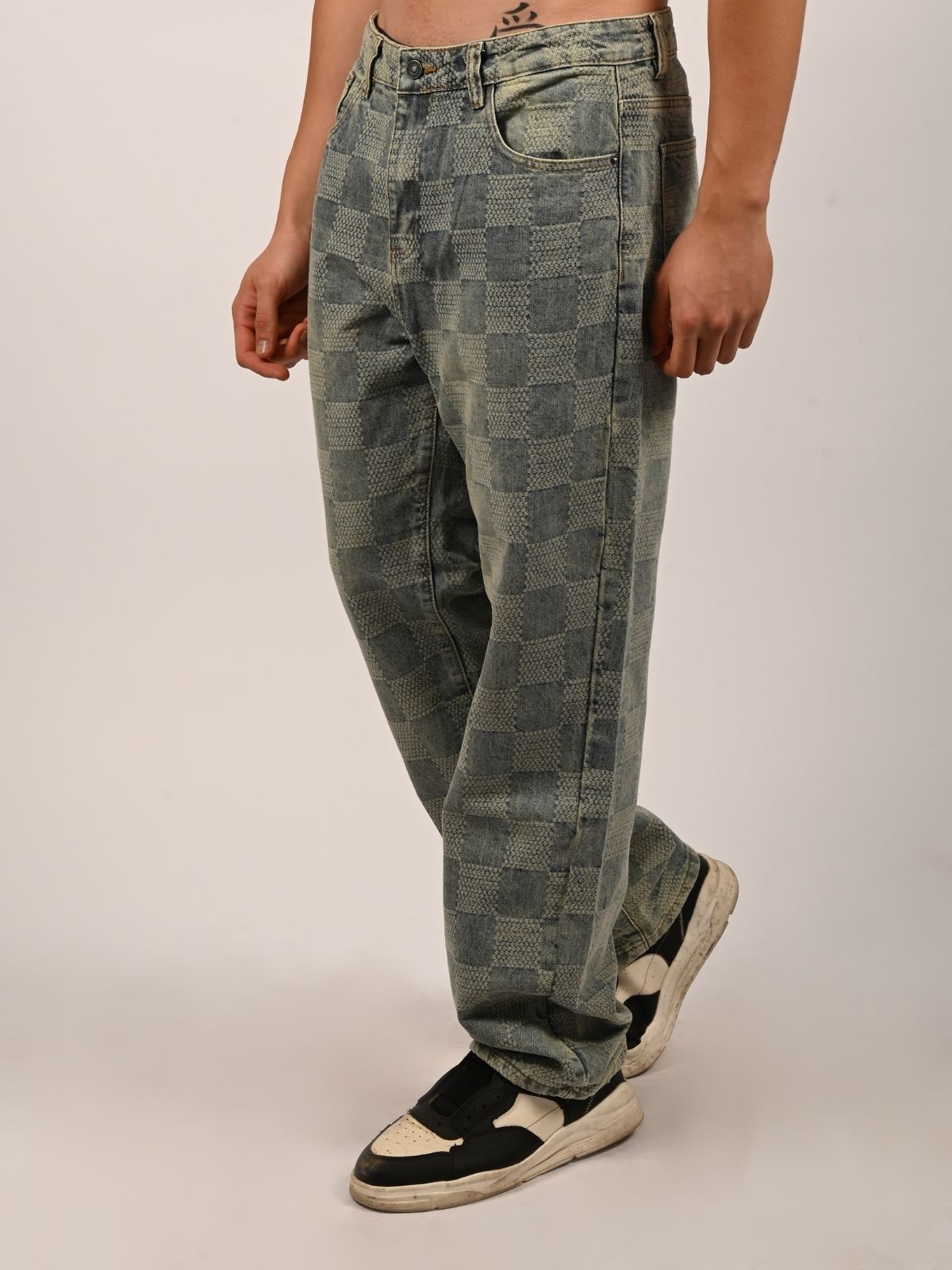 Franco Light Blue Denim Solid Checked Trouser For Men