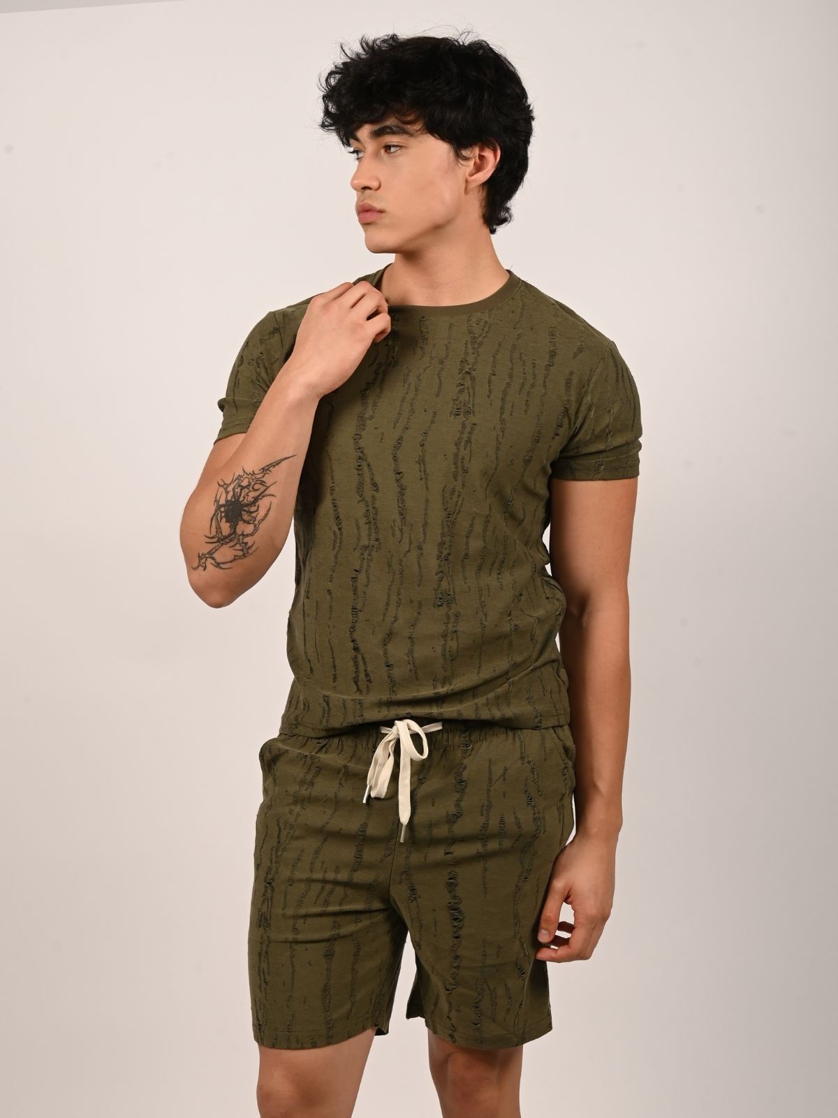 Franco Olive Cotton Jersy Self Design Solid Co-Ord Set Men