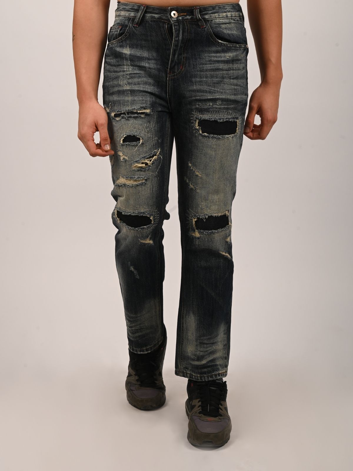 Franco Navy Blue Denim Solid Ripped And Faded Trouser For Men