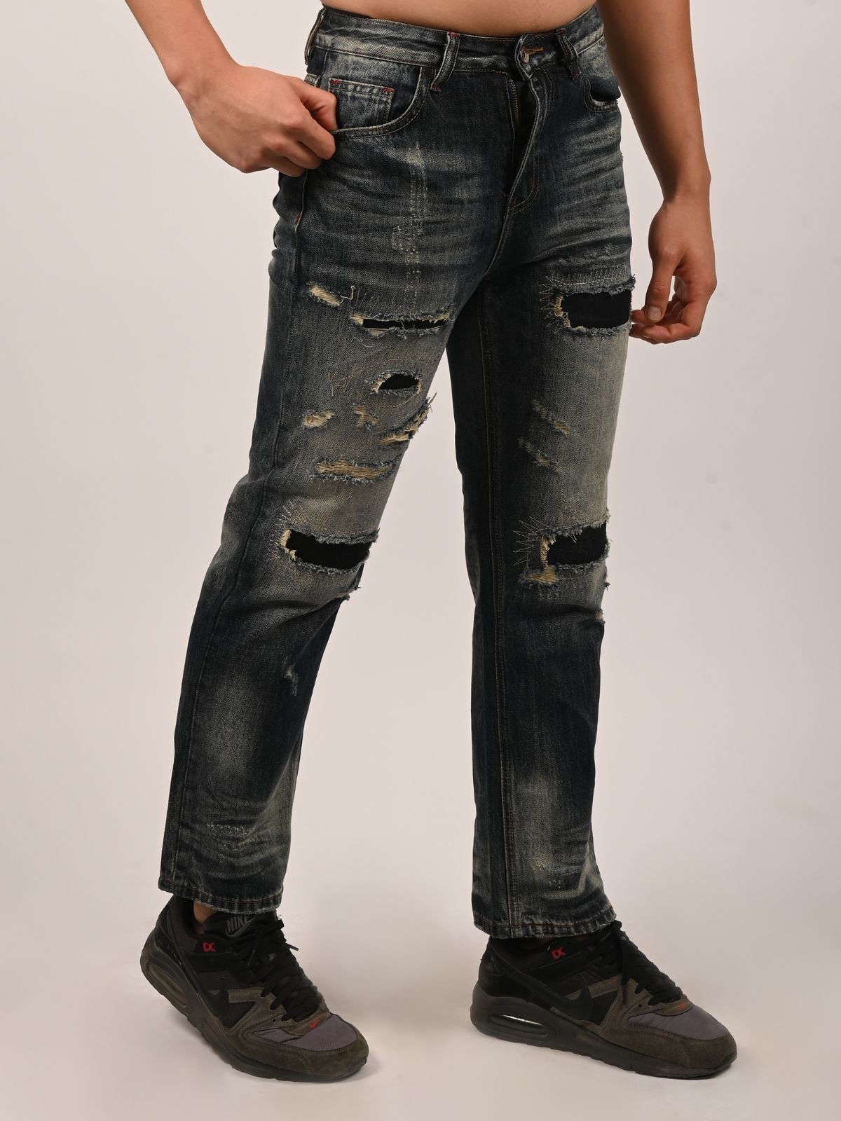 Franco Navy Blue Denim Solid Ripped And Faded Trouser For Men