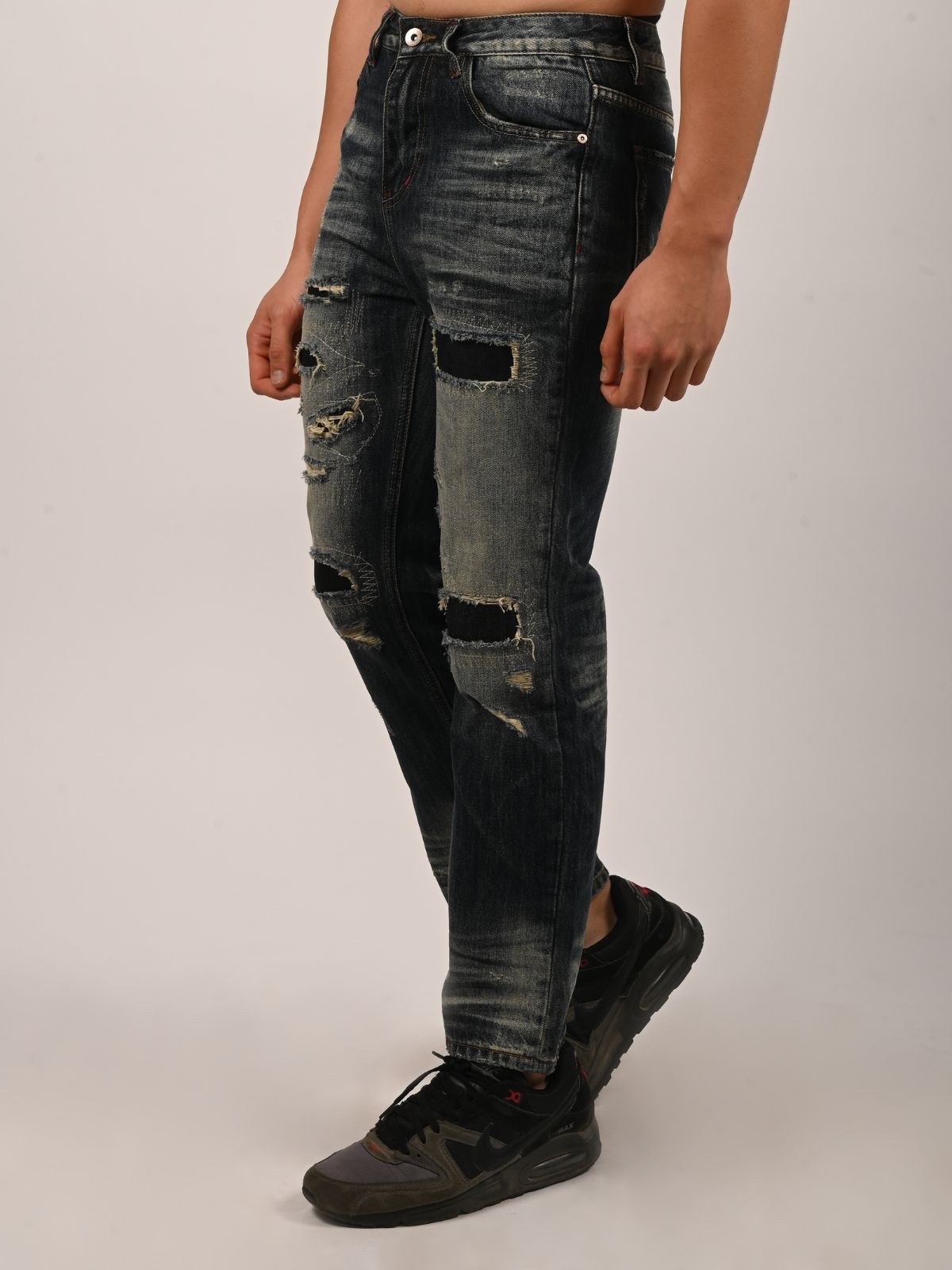 Franco Navy Blue Denim Solid Ripped And Faded Trouser For Men